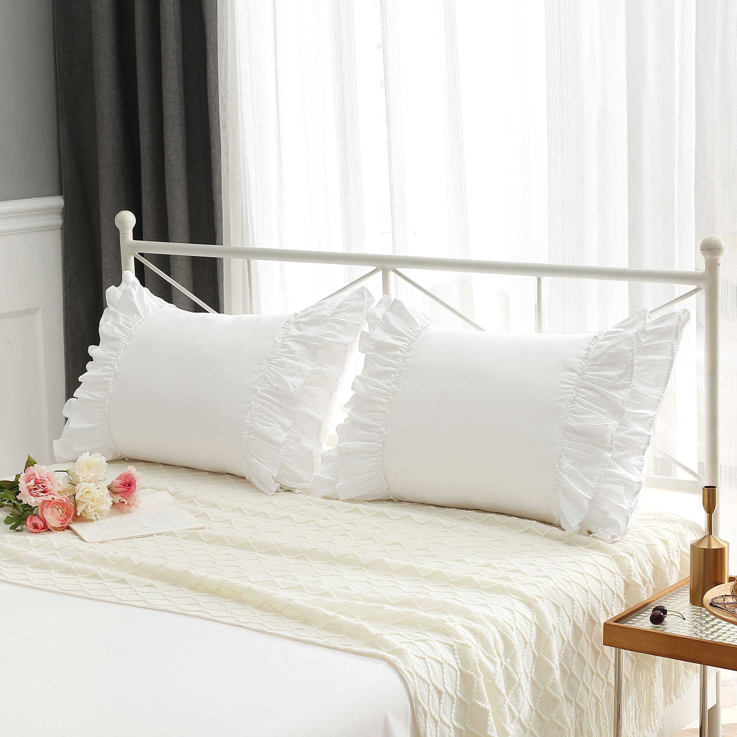 White Ruffles Pillow Shams Queen Size - 2 Pack 30x20 Inch Pure Cotton Ruffled Pillowcases & Covers for Bedroom Decor, Sofa Throw Pillows - Soft Luxury Bedding Accent for Master Bedroom, Guest Room or Living Room