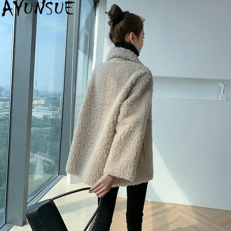 AYUNSUE Women's Short Real Sheep Shearling Coat - Winter Wool Jacket with Fur Trim, Korean Style Casual Outerwear for Women - Perfect for Cold Weather, Daily Wear, and Fashion Outfits