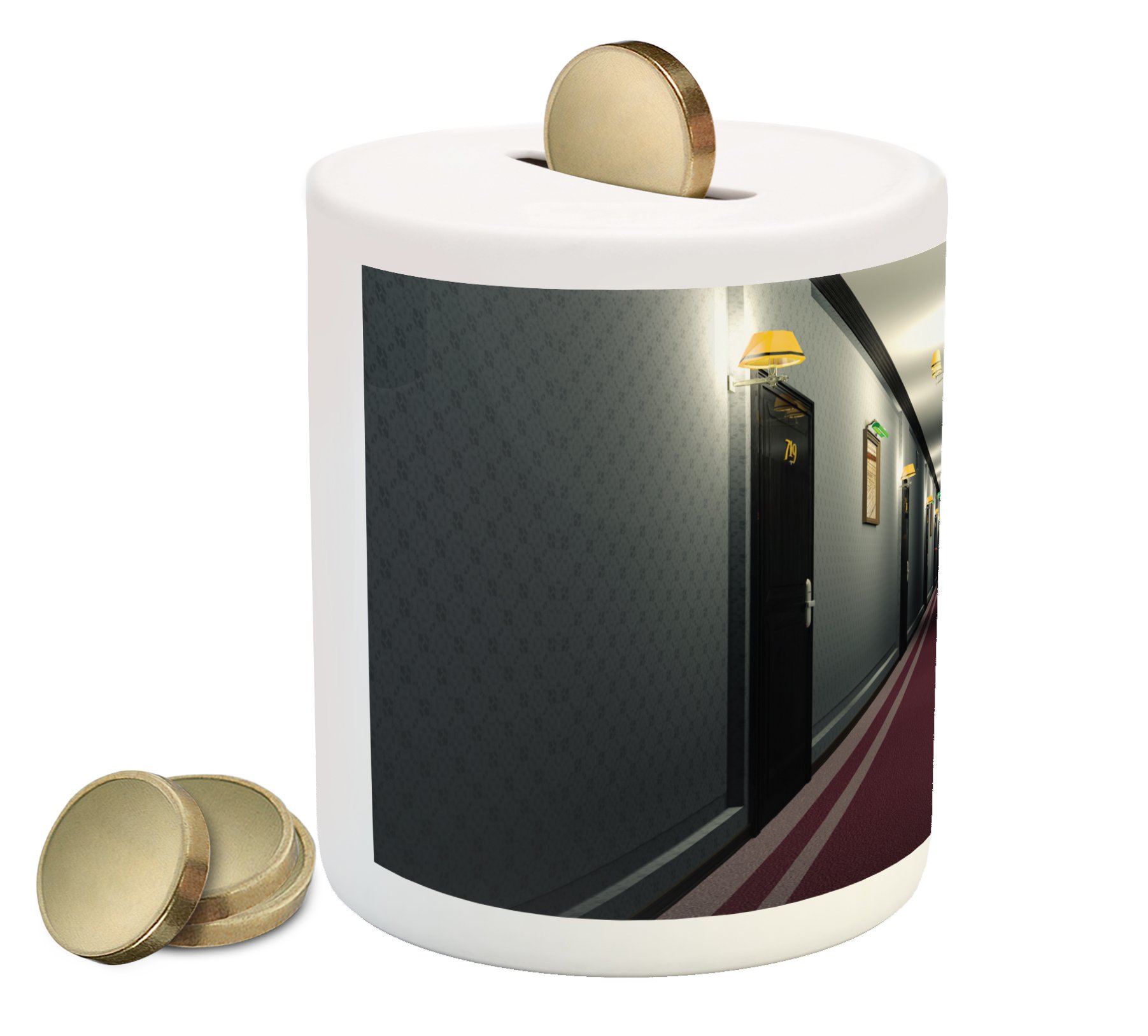 Ambesonne French Piggy Bank - Classic French Interior Design Ceramic Coin Bank for Cash Saving, Grey & Yellow | Perfect for Home Decor, Gift Giving & Money Management