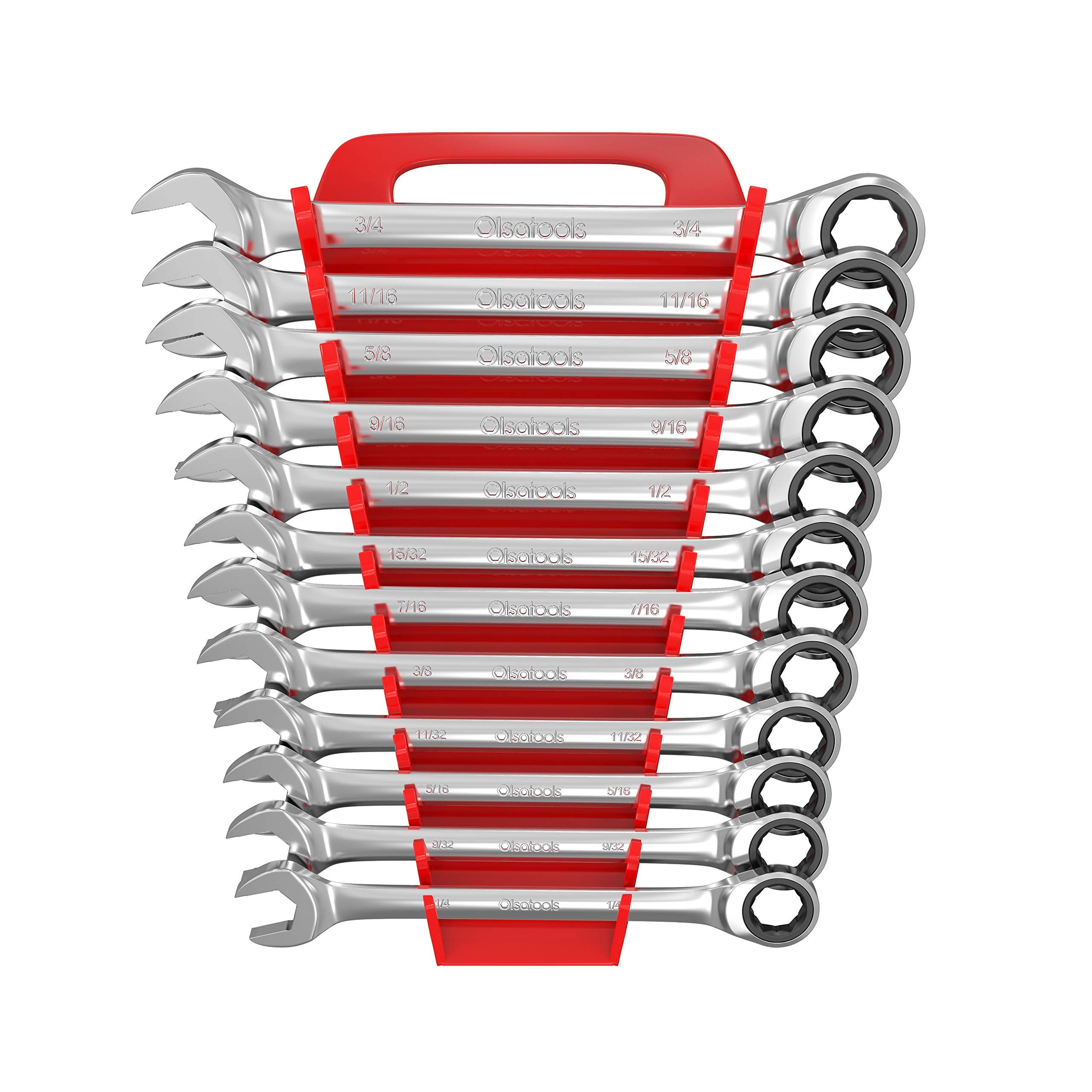 Olsa Tools 12-Piece SAE Ratcheting Wrench Set - 100-Tooth Ratchet Combination Wrenches with Patented Box End for Stripped & Rounded Bolts - Professional Grade Mechanic Tool Set for Automotive Repair, DIY Projects & Home Maintenance