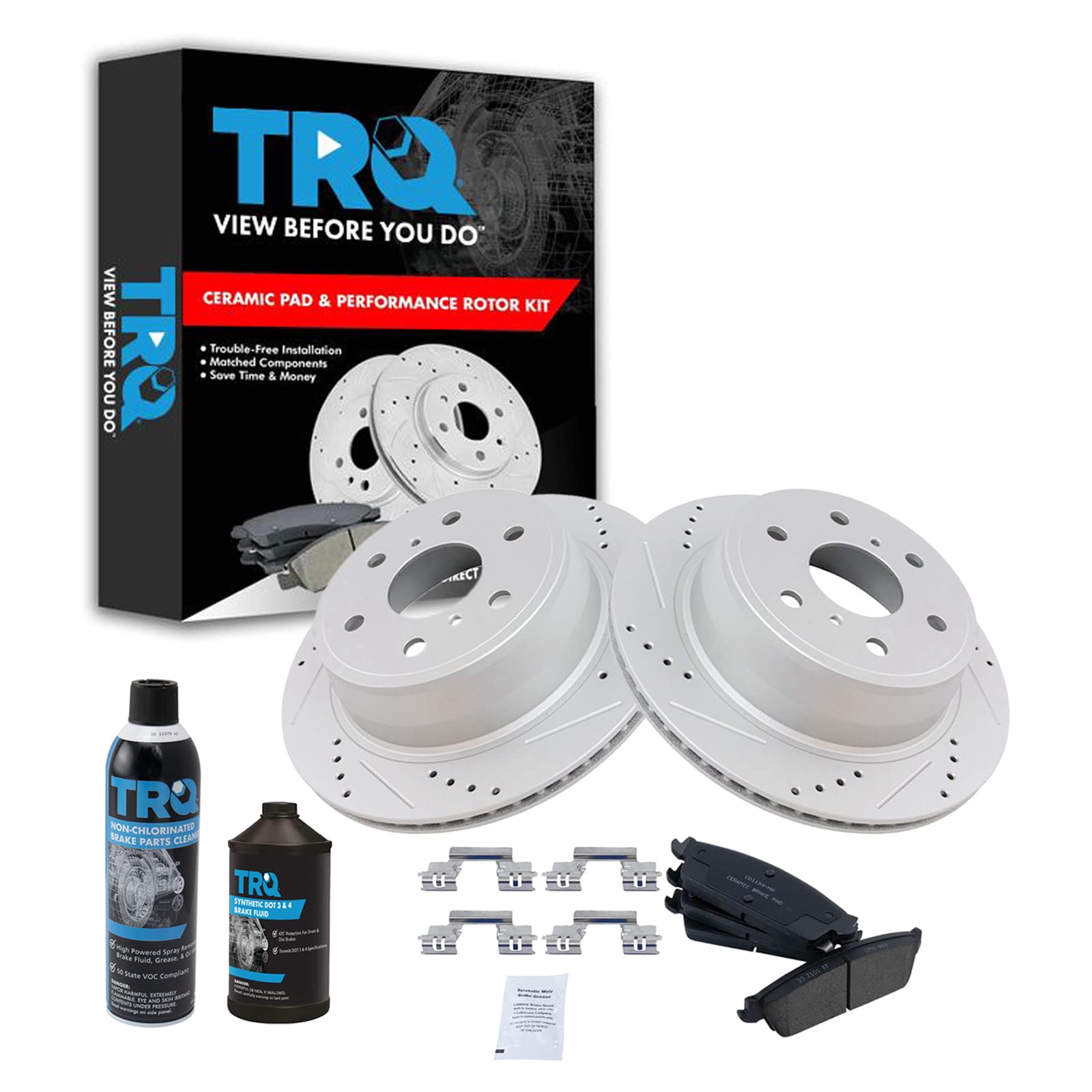 TRQ Rear Ceramic Brake Pads & Cross Drilled Rotors Kit with Anti-Squeal Shims - High Performance Braking for Trucks, SUVs, and Sedans - Perfect for Daily Commuting, Off-Roading, and Towing