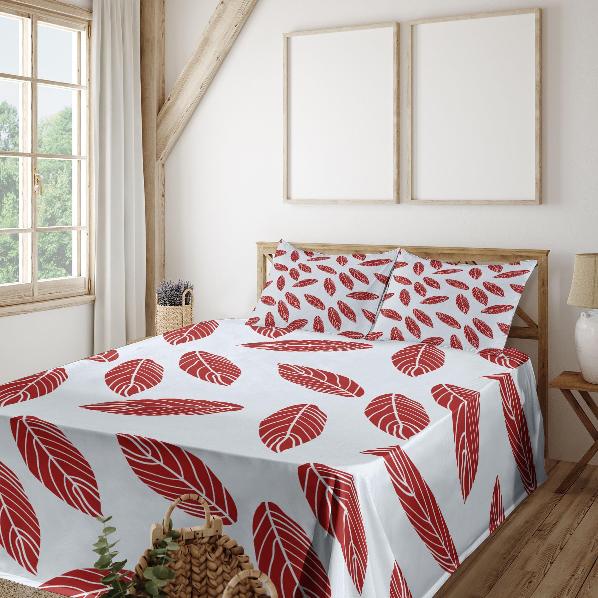 Ambesonne 4-Piece Queen Sheet Set - Modern Abstract Leaf Design on Cool Pastel Muted Backdrop, Includes Fitted Sheet, Flat Sheet & 2 Pillowcases | Soft Bedding for Cozy Sleep, Guest Room & Dorm Decor | Pale Blue Ruby
