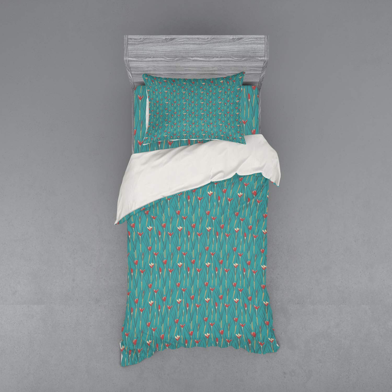 Ambesonne Floral Duvet Cover Set - 3 Piece Twin Size Bedding with Sham & Fitted Sheet, Dark Seafoam Multicolor Crocus Leaf Pattern | Perfect for Spring Bedroom Decor & Guest Room Styling