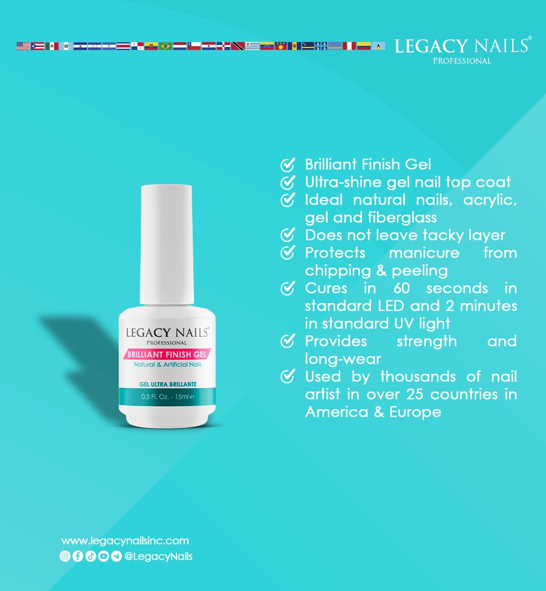 Legacy Nails Professional Brilliant Finish Gel Top Coat 0.5oz - High Gloss Shine for Natural, Acrylic, Gel & Fiberglass Nails - Chip Resistant, Fast Curing UV/LED Polish - Perfect for Salon & Home Manicures