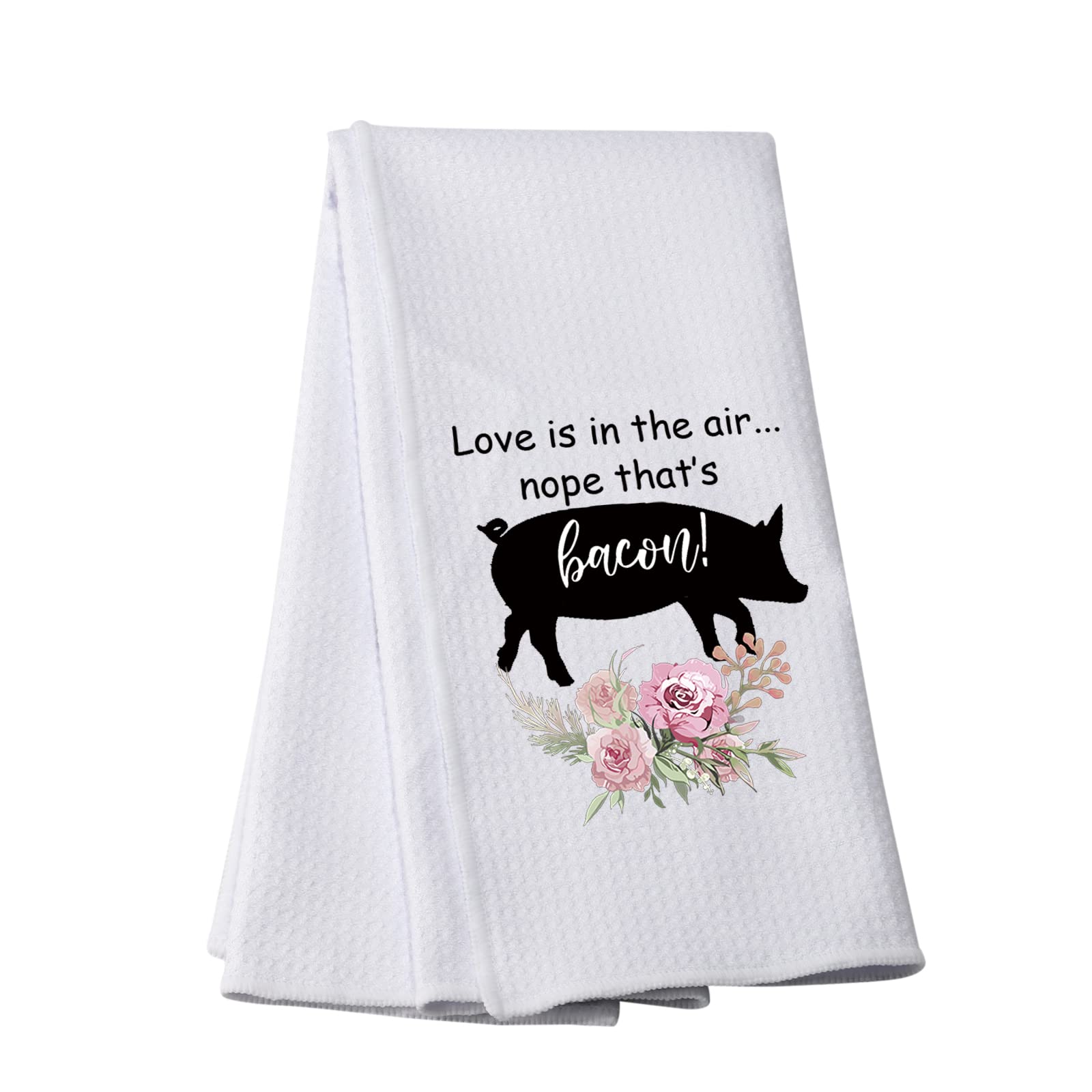 PWHAOO Funny Bacon Kitchen Towel - Pig Farm Theme with 'Love is in The Air' Design - Absorbent Cotton Dish Towel for Cooking, Baking & Farmhouse Decor