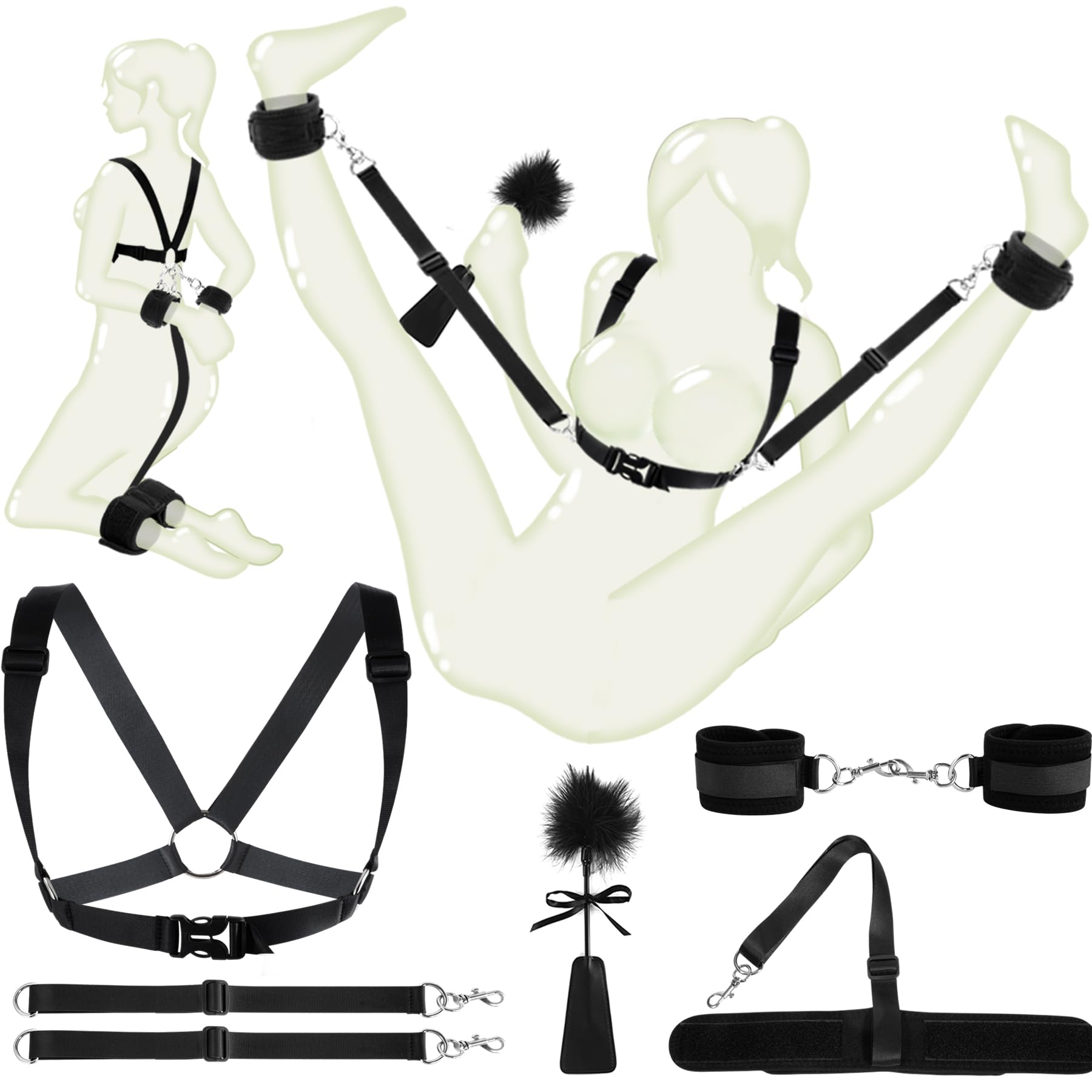 Premium 7-Piece BDSM Bondage Restraint Kit - Adjustable Chest Harness, Handcuffs & Ankle Cuffs for Couples | Sensual Adult Toys for Spicing Up Bedroom Play & Role-Playing Games | Ultimate BDSM Gear for Men & Women