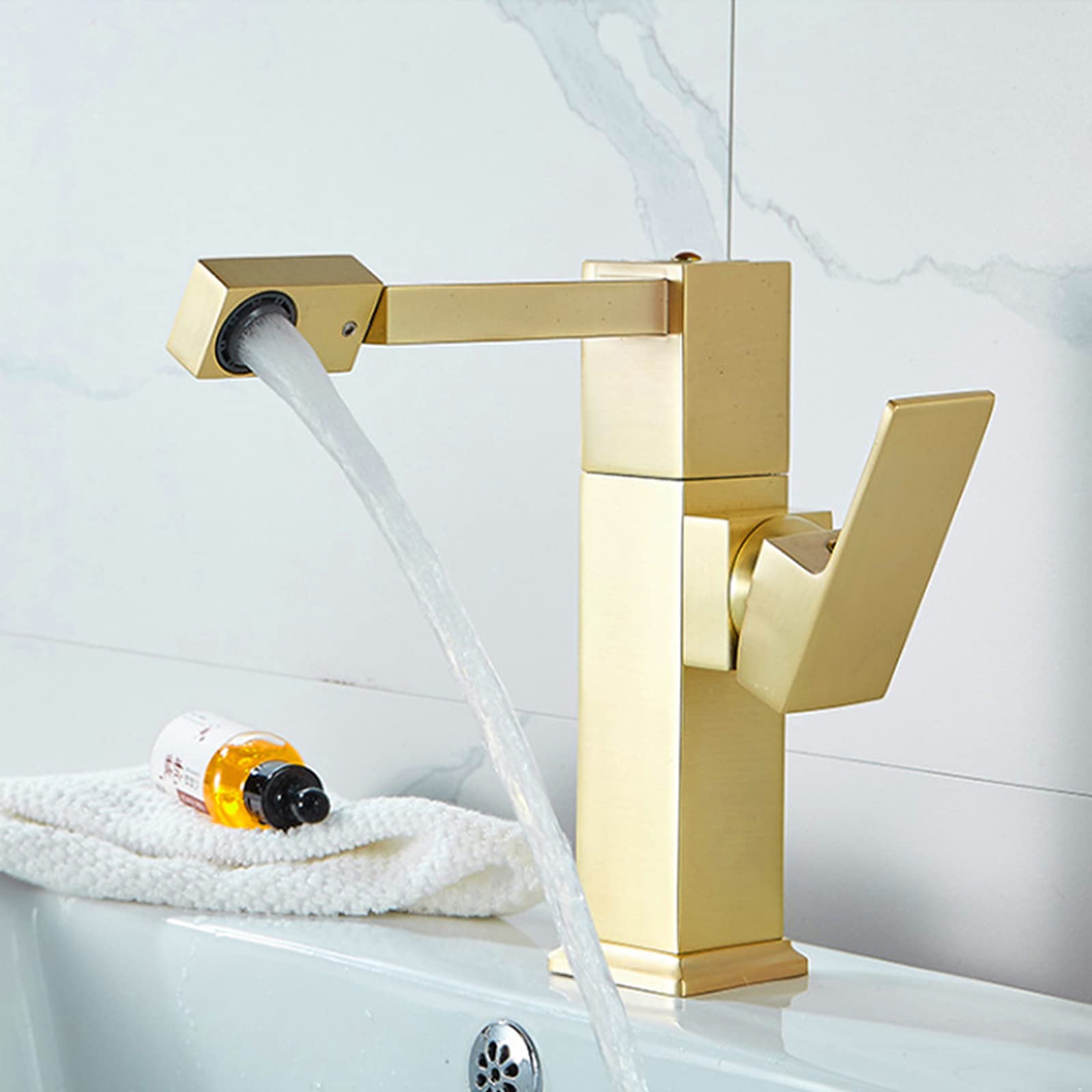Universal Swivel Bathroom Sink Faucet - 1 Hole Brass Basin Mixer Tap with Brushed Gold Finish | Durable Bathroom Faucets for Face Washing & Hand Washing | Perfect for Modern Home, Hotel, and Spa Bathrooms
