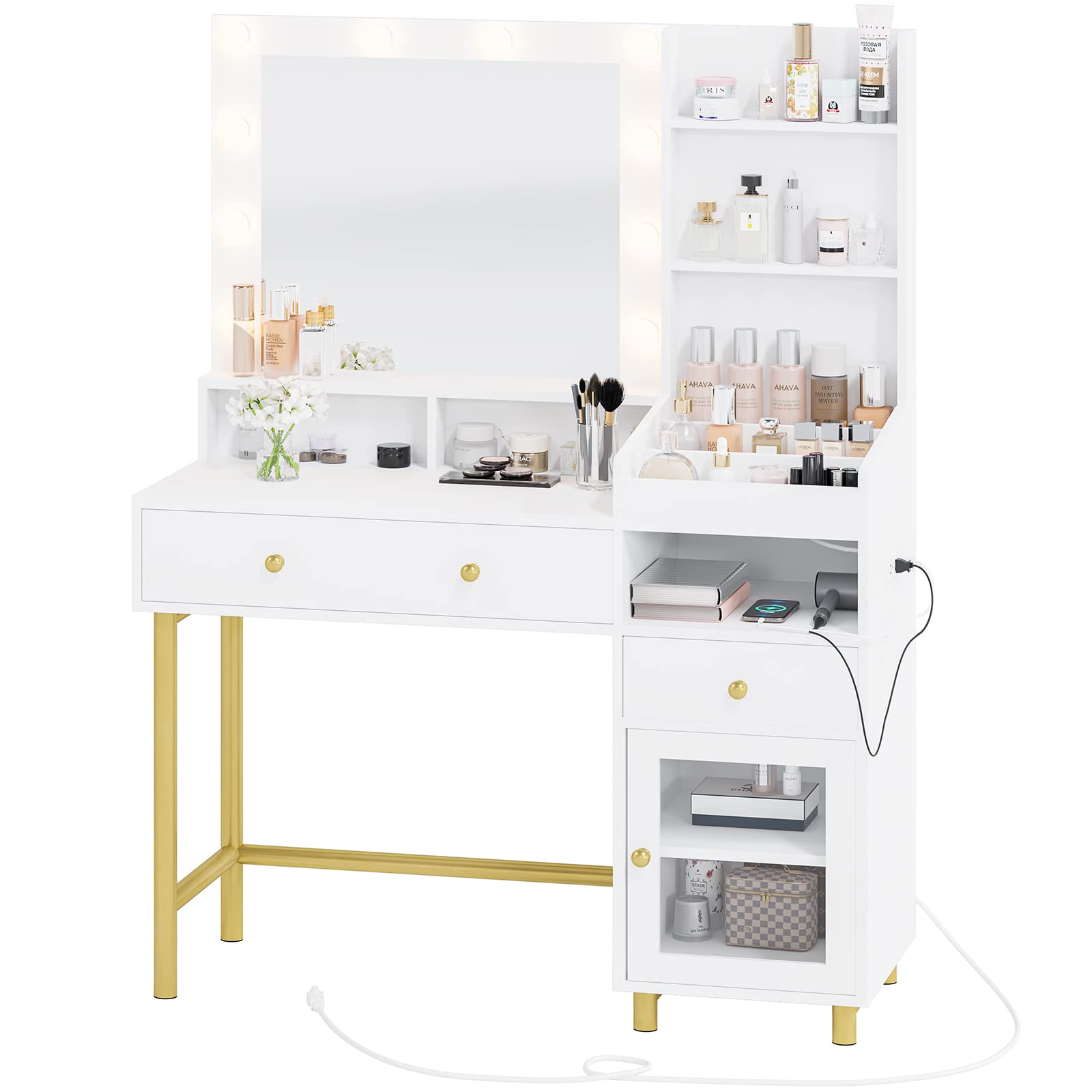 VIAGDO White Vanity Desk with Mirror and LED Lights - Makeup Dressing Table with USB Charging Station, 3 Storage Compartments & Drawers - Bedroom Vanity Desk for Women with Open Shelves - Perfect for Makeup Organization, Skincare Routine and Small Space Bedrooms