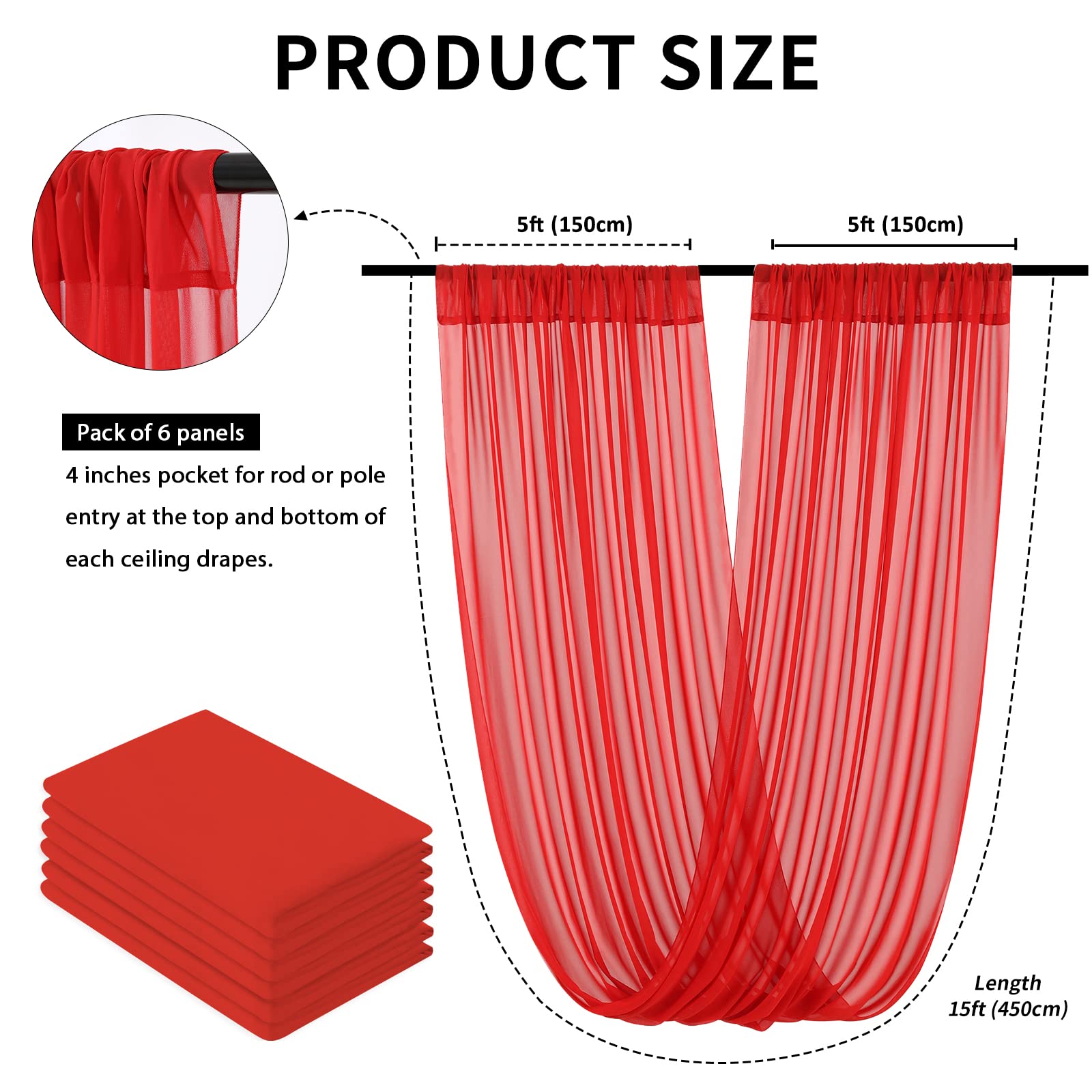 Elegant Red Chiffon Ceiling Drapes - 6 Panels 5ftx15ft Wedding Arch Draping Fabric with Rod Pocket - Perfect for Wedding Decor, Party Backdrops & Home Decoration