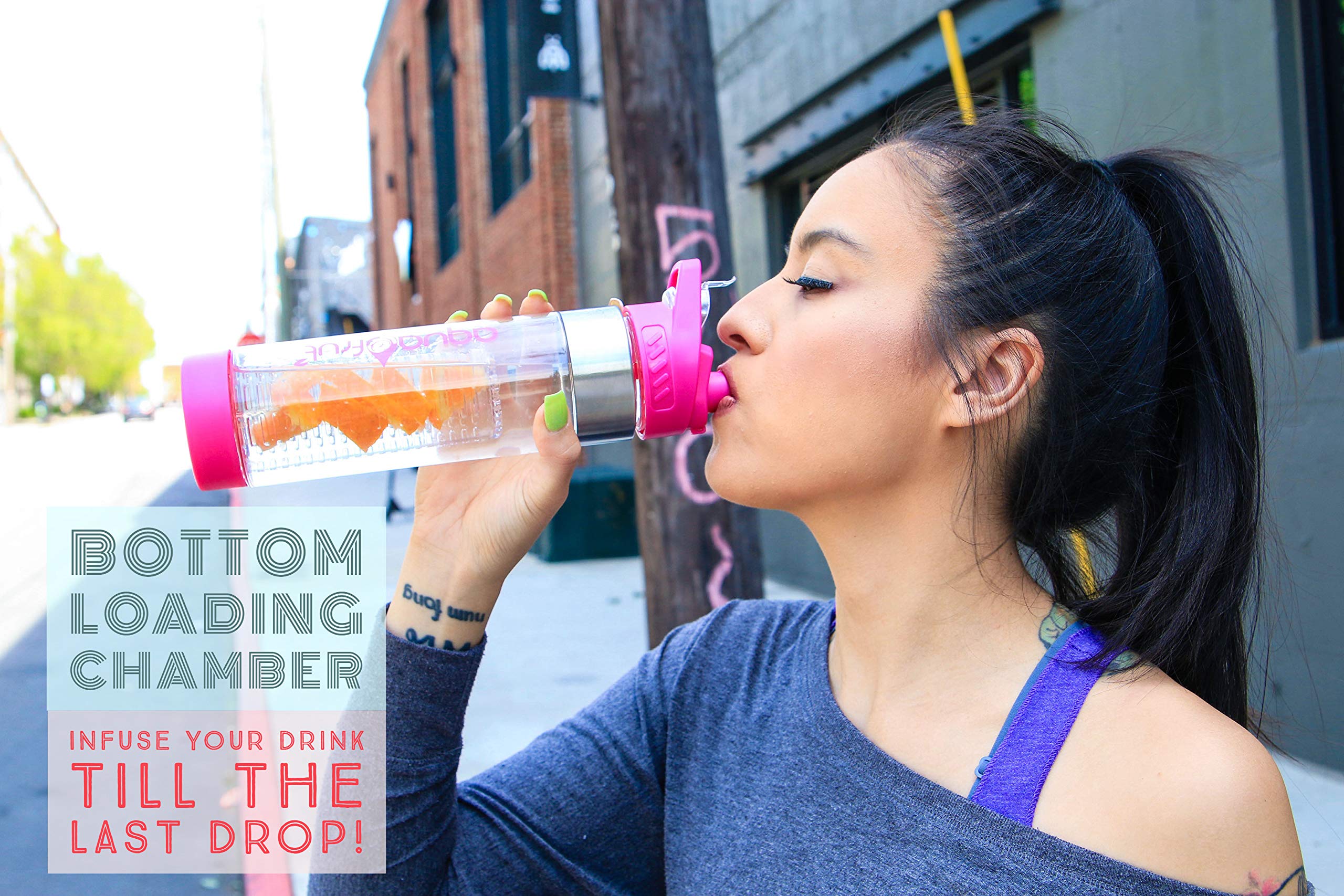 AquaFrut 24oz BPA-Free Tritan Plastic Fruit Infuser Water Bottle - Leak Proof Bottom Loading Design - Includes Free Flavor Hydration Recipe eBook - Perfect for Gym, Hiking, Office & Daily Hydration