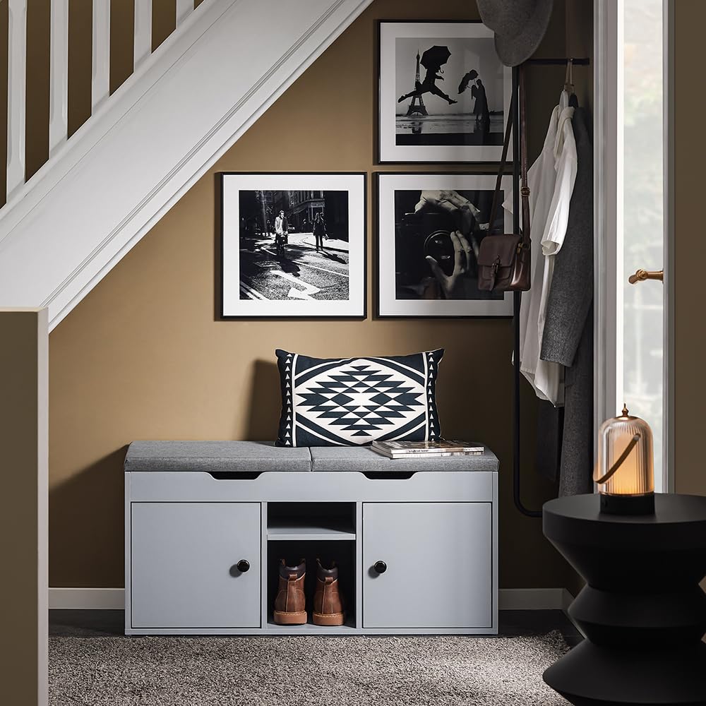 Haotian Storage Bench with Adjustable Shelf & Removable Cushion - Modern Shoe Cabinet for Bedroom, Entryway & Hallway | Grey Ottoman Bench for Organizing Shoes & Home Decor (FSR96-DG)