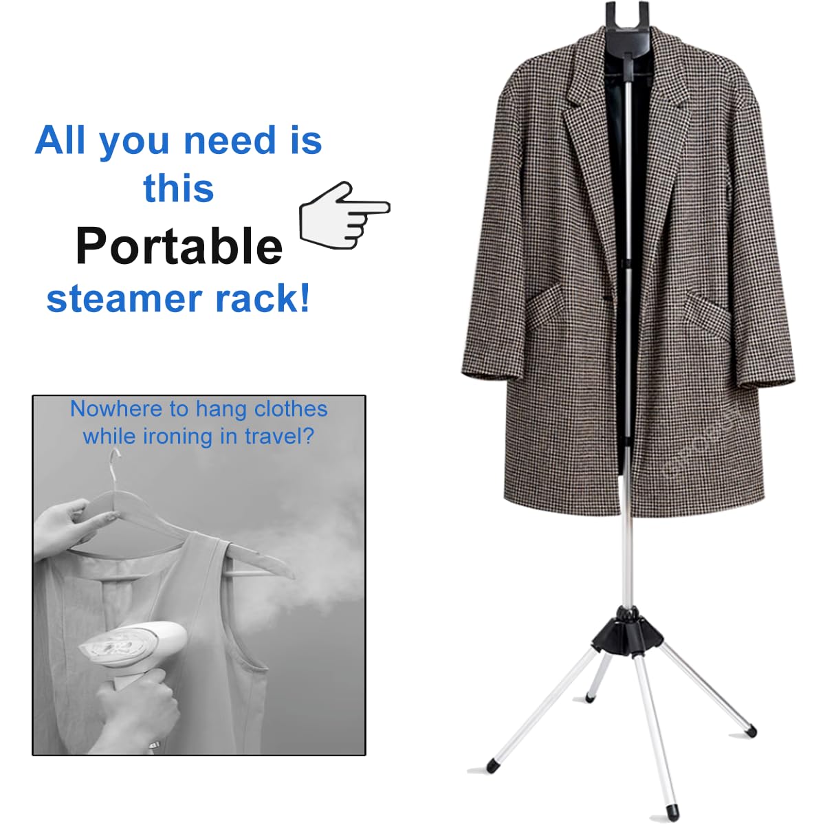 Portable Steamer Stand for Clothes - Adjustable Garment Hanger with 2 Storage Bags & Lint Remover - Perfect for Travel, RV, Home & Hotel Use - Steam Iron Rack for Wrinkle-Free Clothes Anywhere