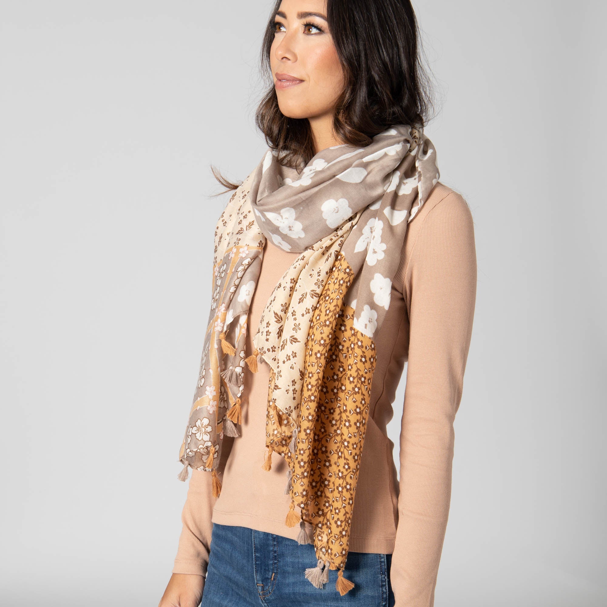 Lightweight Woven Multi Floral Scarf for Women - Natural Beauty Fashion Accessory - Perfect for Spring Outfits, Beach Cover-ups & Boho Style
