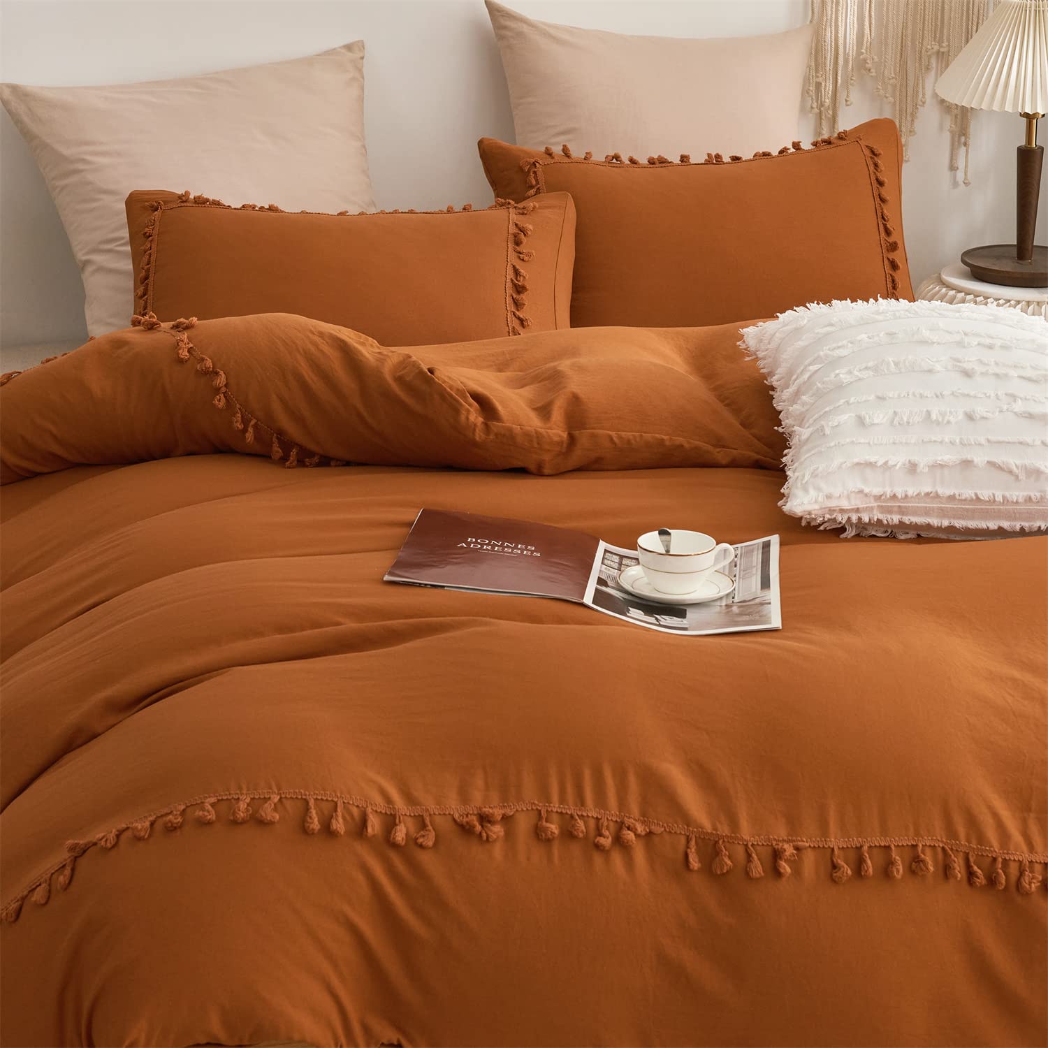 Terracotta Orange Boho Chic King Size Duvet Cover - 100% Washed Microfiber, Lightweight All-Season Farmhouse Bedding with Tufted Tassel Fringe | Perfect for Master Bedroom, Guest Room & Bohemian Home Decor