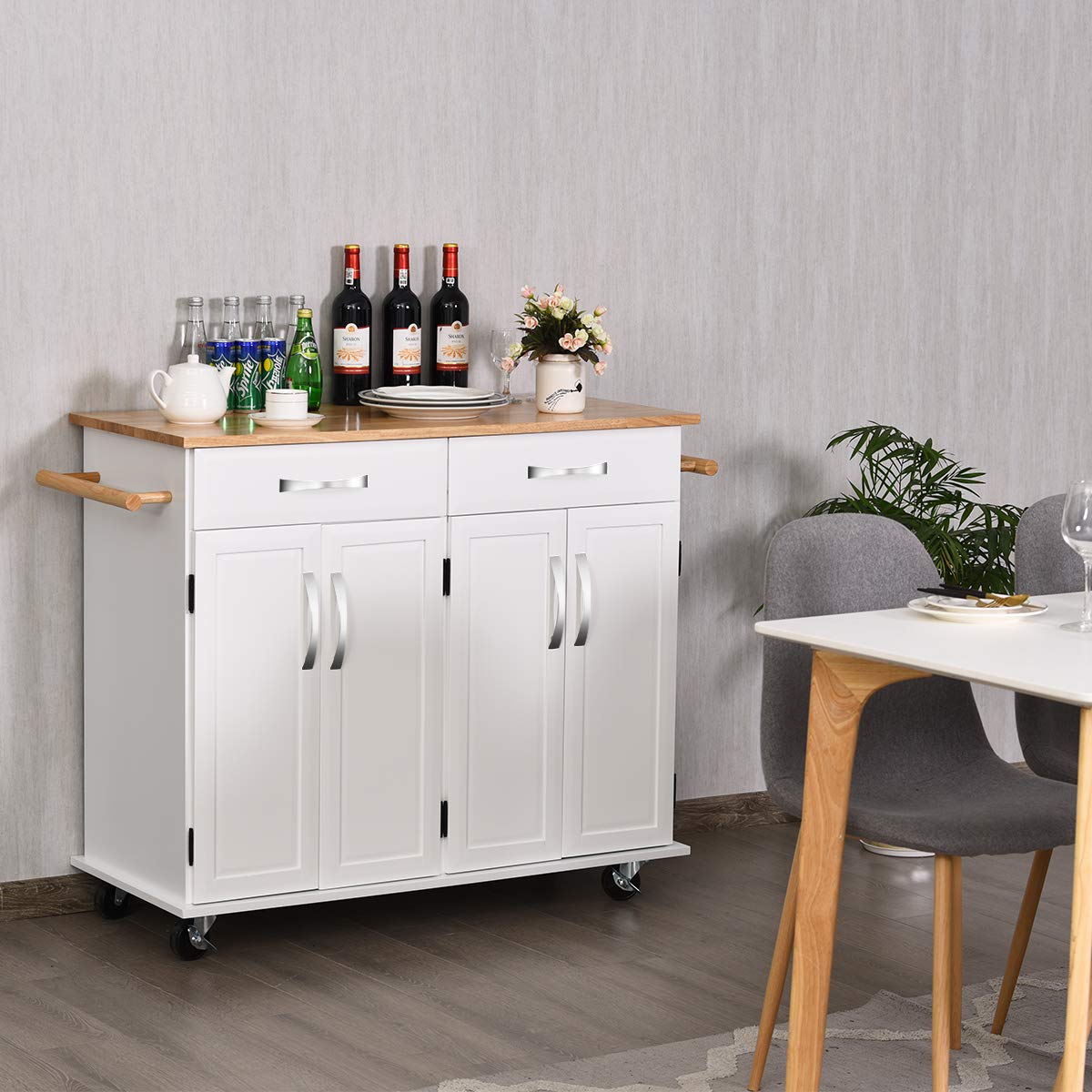 Giantex Kitchen Trolley Cart with Rubber Wood Top - Rolling Utility Island with Large Storage & Lockable Wheels - Easy to Clean Mobile Kitchen Cart for Home, Restaurant, or Office (White) - Perfect for Food Prep, Serving, and Extra Counter Space