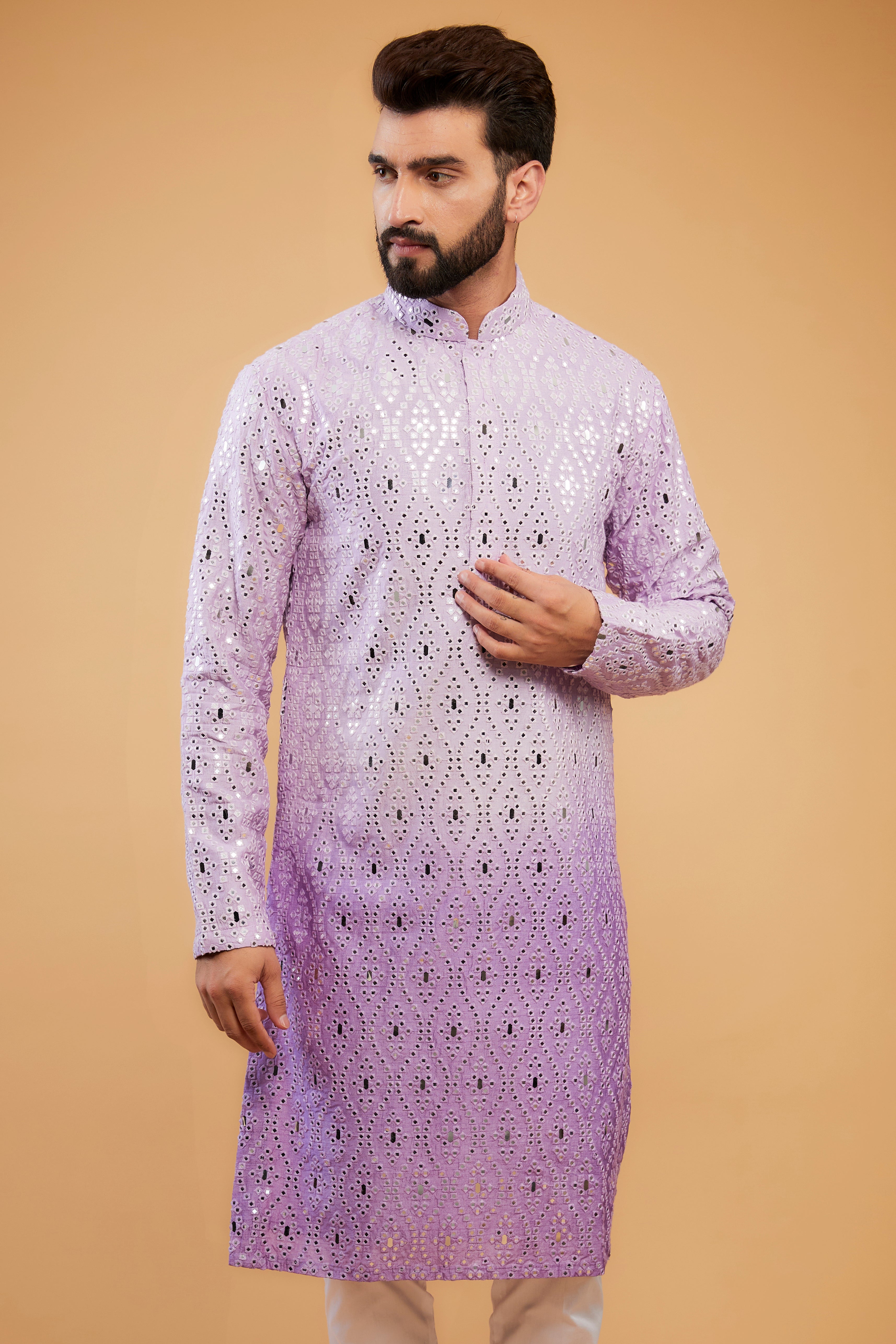 Lavender Ombre Mirror Work Kurta with Intricate Thread Embroidery - Perfect for Festive Occasions, Weddings & Ethnic Fashion