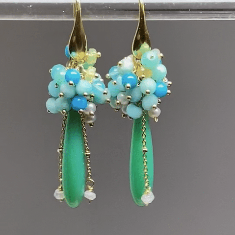 Green, Turquoise, Opal, Amazonite, Pearl Cluster Earrings in Gold - Elegant Dangle Earrings for Women, Perfect for Weddings, Parties & Special Occasions