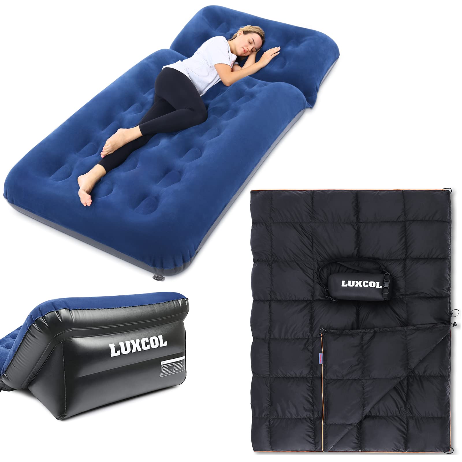 LUXCOL Twin Air Mattress with Adjustable Backrest - Portable Camping Airbed with Storage Bag & 700+ Fill Power Down Camping Blanket - Lightweight, Warm & Durable for Outdoor Adventures, Hiking, Travel & Guest Bed Use