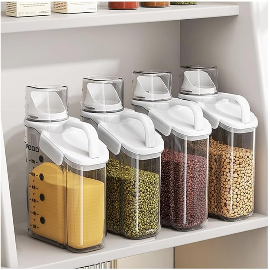 White 2L Cereal Dispenser & Rice Holder - Flour Sugar Storage Container with Lid, Dog Food Storage Bin | Kitchen Organization for Pantry, Baking & Pet Food Storage (KC-001)