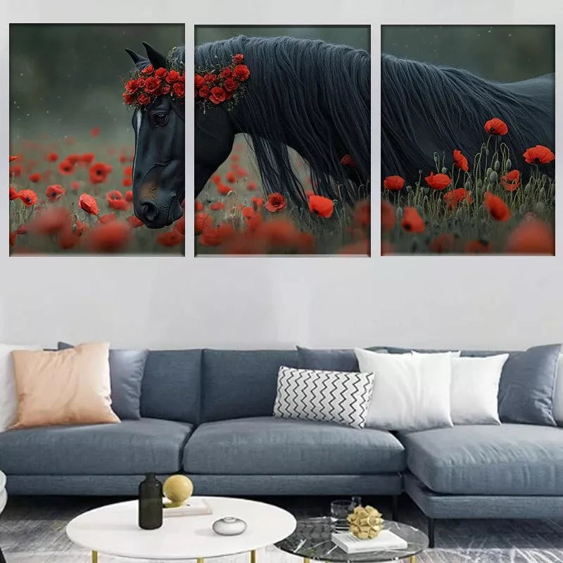 3-Piece Elegant Poppy Field with Majestic Black Horse Wall Art Set - Framed Canvas 50x70cm (20x28in) - High Quality Print, 100% Australian Made, Ready to Hang - Perfect for Living Room, Bedroom & Office Decor