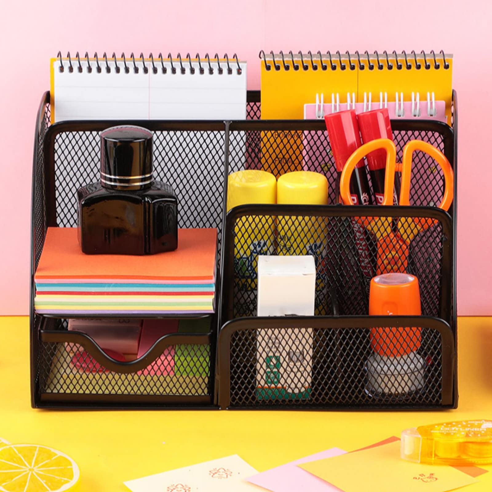 Mesh Pencil Holder Organizer with 7 Compartments - Desk Storage for Pens, Markers, Scissors & Office Supplies - Perfect for Home, School & Office Use (Black)