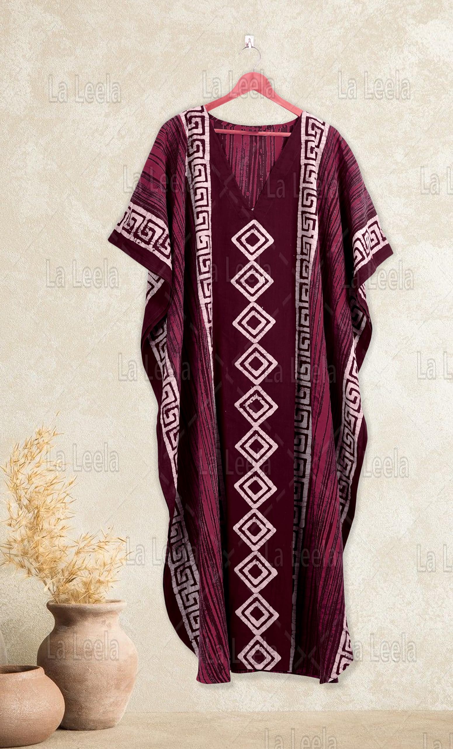 LA LEELA Women's Kaftan Maxi Dress - Loose Fit Bohemian Beach Cover Up, Summer Casual Long Dress with Pockets for Vacation, Pool Party & Lounge Wear