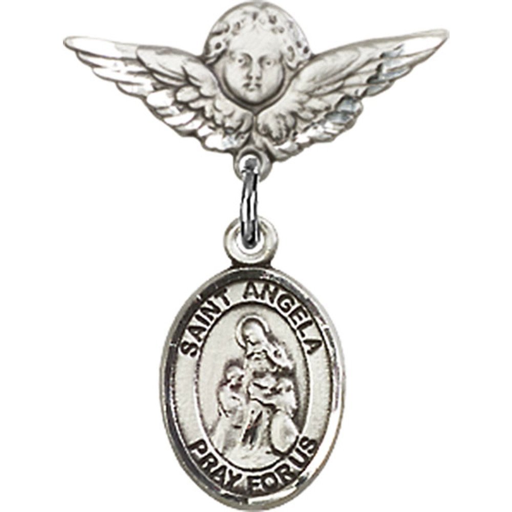 Sterling Silver Baby Badge with St. Angela Merici Charm & Angel Wing Pin - 7/8
