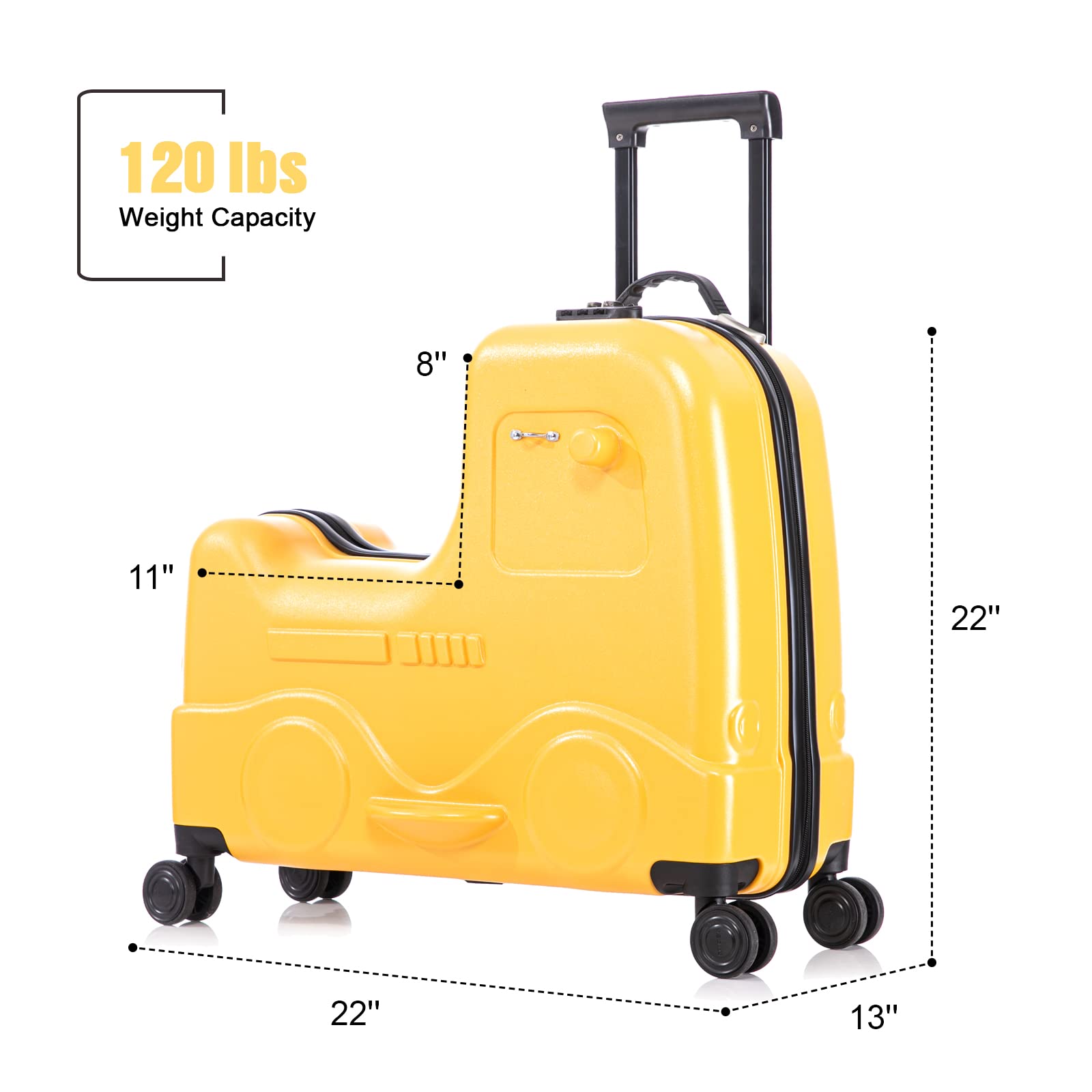 **Apelila 22 Inch Kids Ride-On Suitcase with Spinner Wheels - Lightweight Travel Luggage for Children with Combination Lock, Safety Belt & Telescoping Handle - Perfect for Airports, Vacations & School Trips (Yellow)**