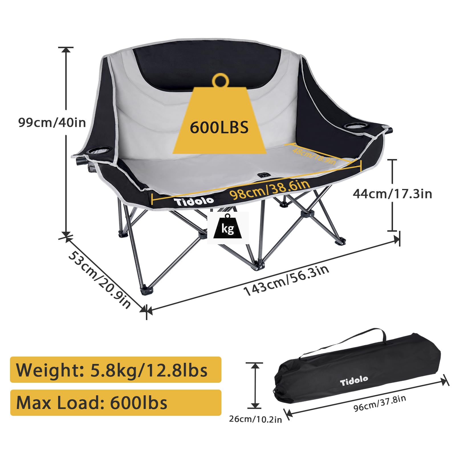 **Double Camping Chairs for Adults - Oversized Folding Loveseat Outdoor Chairs with Cup Holder & Wine Glass Holder, Heavy Duty 600Lbs Capacity, Perfect for Camping, Picnics, Beach & Backyard (Grey)**