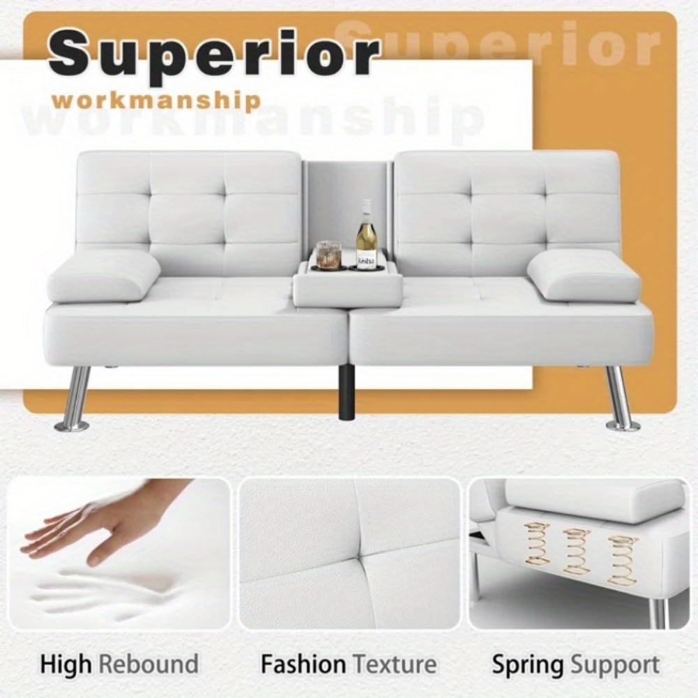Wide Faux Leather Convertible Sofa Bed with Cup Holder - Adjustable Reclining Couch Sleeper for Living Room, Guest Room & Small Spaces - Modern Reversible Upholstered Recliner in White