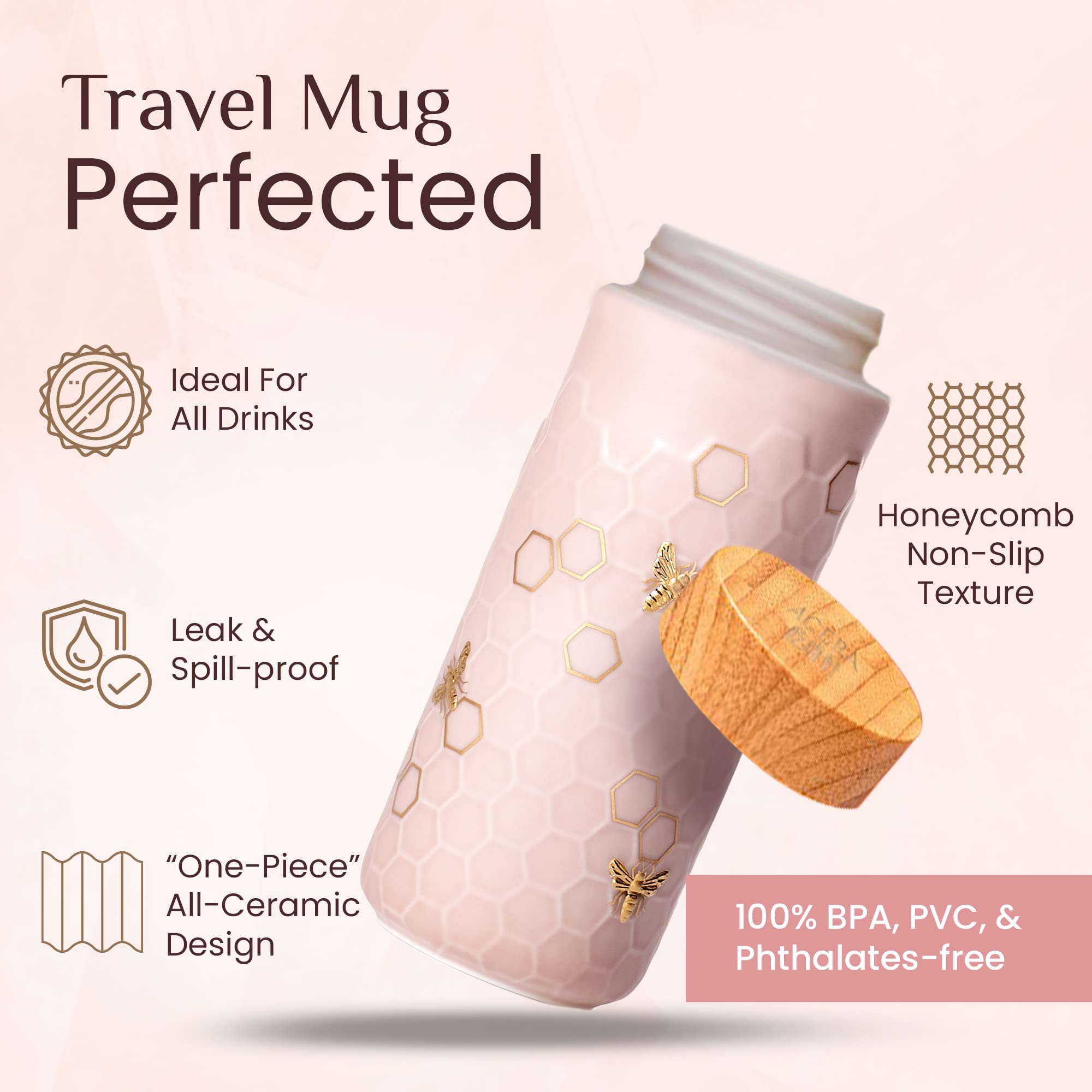 ACERA Liven Honey Bee Ceramic Travel Mug - 16oz Insulated Tumbler with Leak-Proof Lid, Double-Walled Ceramic Coffee Cup for Tea, Juice & Hot/Cold Drinks - Pink & Gold Design - Perfect for Office, Travel & Outdoor Activities