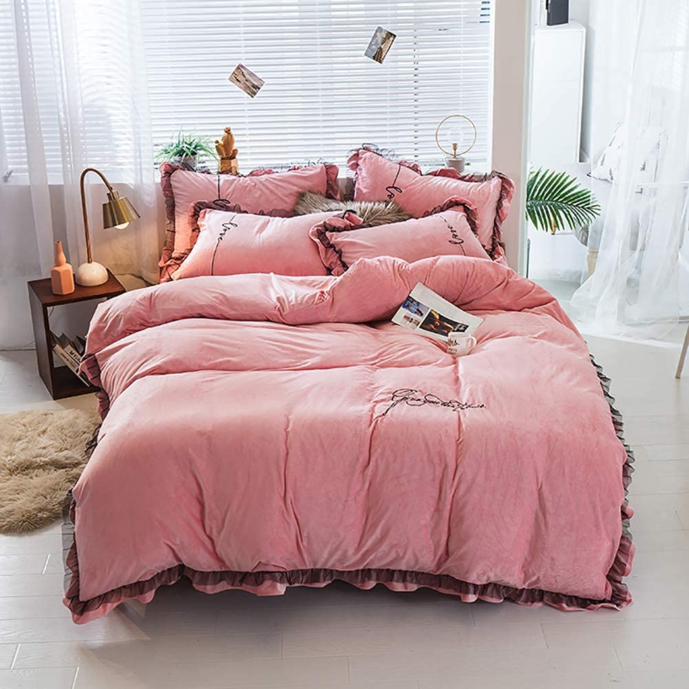 Premium 4-Piece Flannel Bedding Set - Soft Solid Color Duvet Cover with Fringed Lace & Pillowcases for Queen/King Size Beds | Cozy Home & Hotel Luxury Bedding | Perfect for Winter Nights, Guest Rooms & Master Bedrooms (Color: Ivory, Size: Queen)
