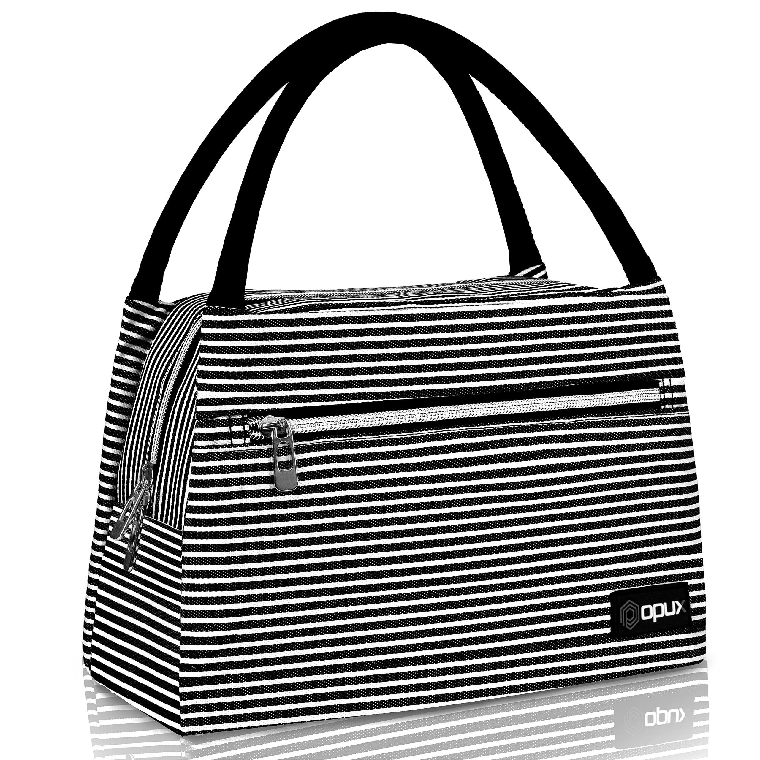 OPUX Insulated Lunch Bag for Women & Girls - Reusable Cooler Tote for Work, School, Travel & Picnic - Small Food Container Holds 11 Cans - Stripe Black Design - Perfect for Office Lunch, College Meals & Outdoor Adventures