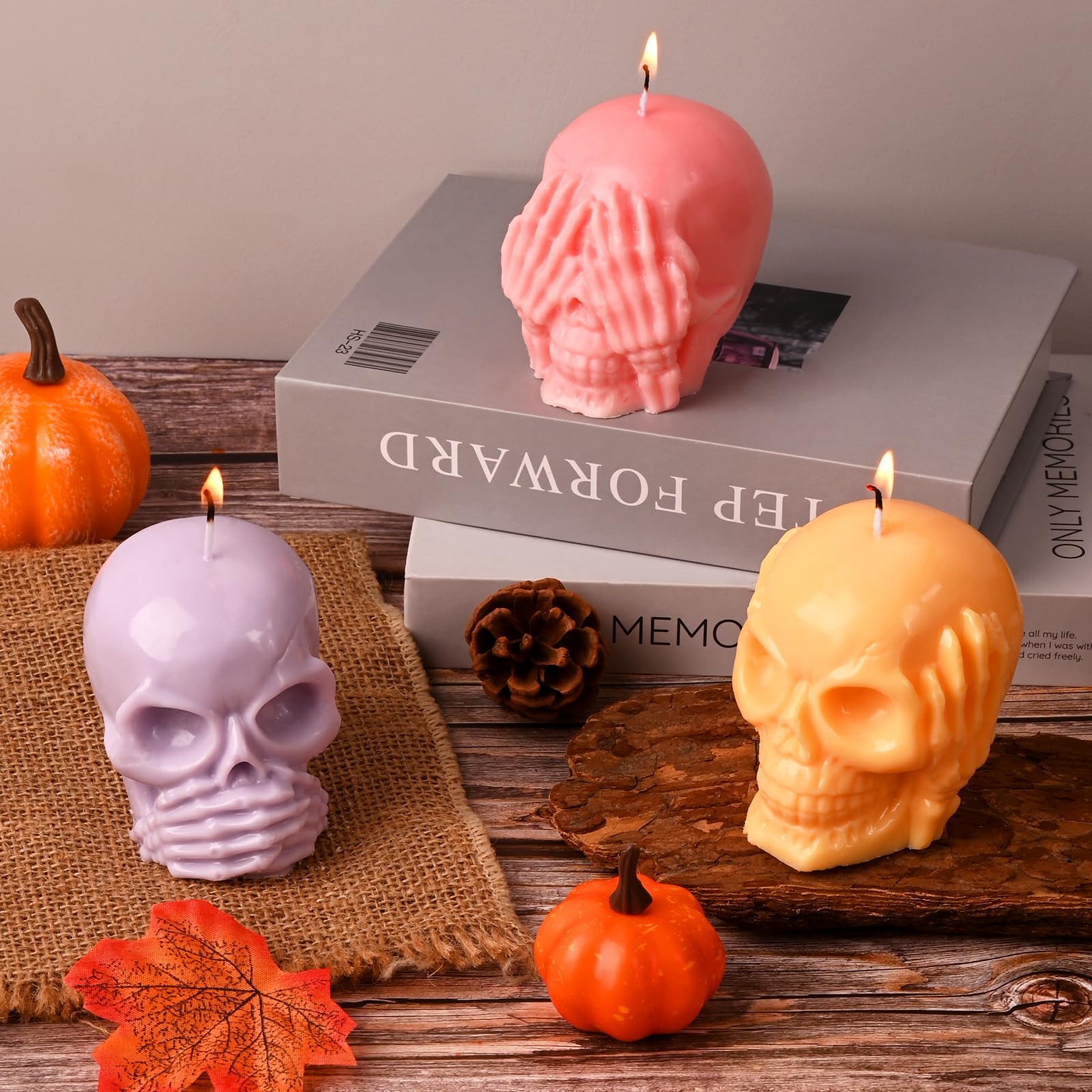 HUAKENER 3 Pack Skull Candle Molds - 3D Silicone Skull Molds for Candles, Resin, Soap & Cake Decorating (Hear No, See No, Speak No Evil) - Perfect for Halloween DIY Crafts, Home Decor & Party Supplies