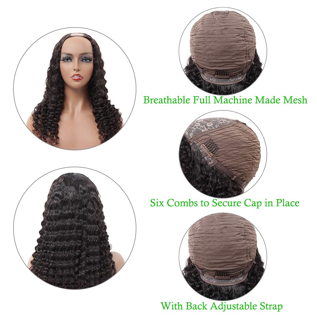 Brazilian Deep Wave U Part Wig 18 Inch - 180% Density Virgin Remy Human Hair for Black Women | Glueless Clip-in Half Wig with U Shape | Natural Color for Daily Wear, Parties & Special Occasions