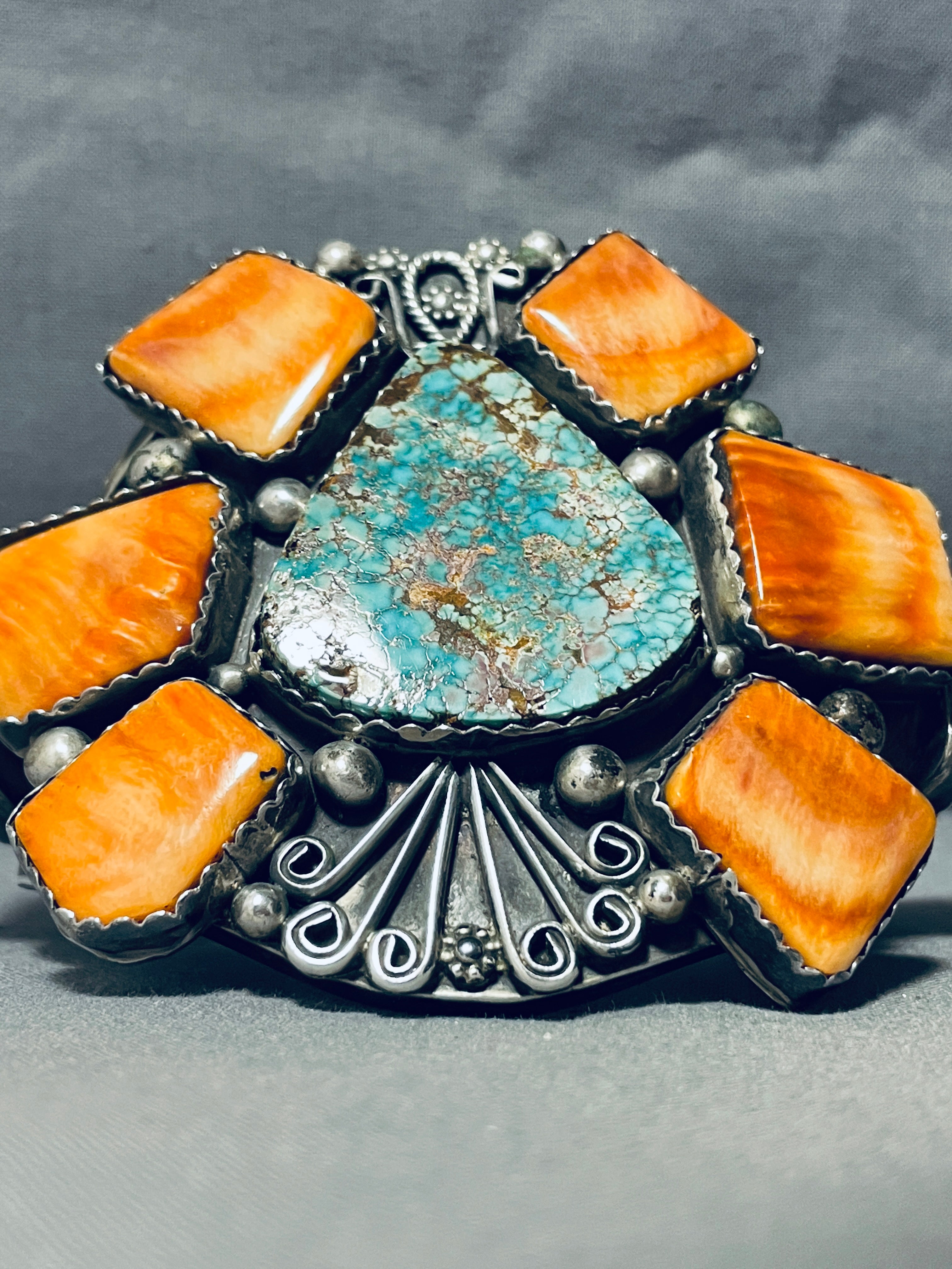 Vintage Navajo Sterling Silver Bracelet with Turquoise Shell Cluster – 144g Authentic Native American Jewelry for Women, Boho Fashion & Gift Ideas