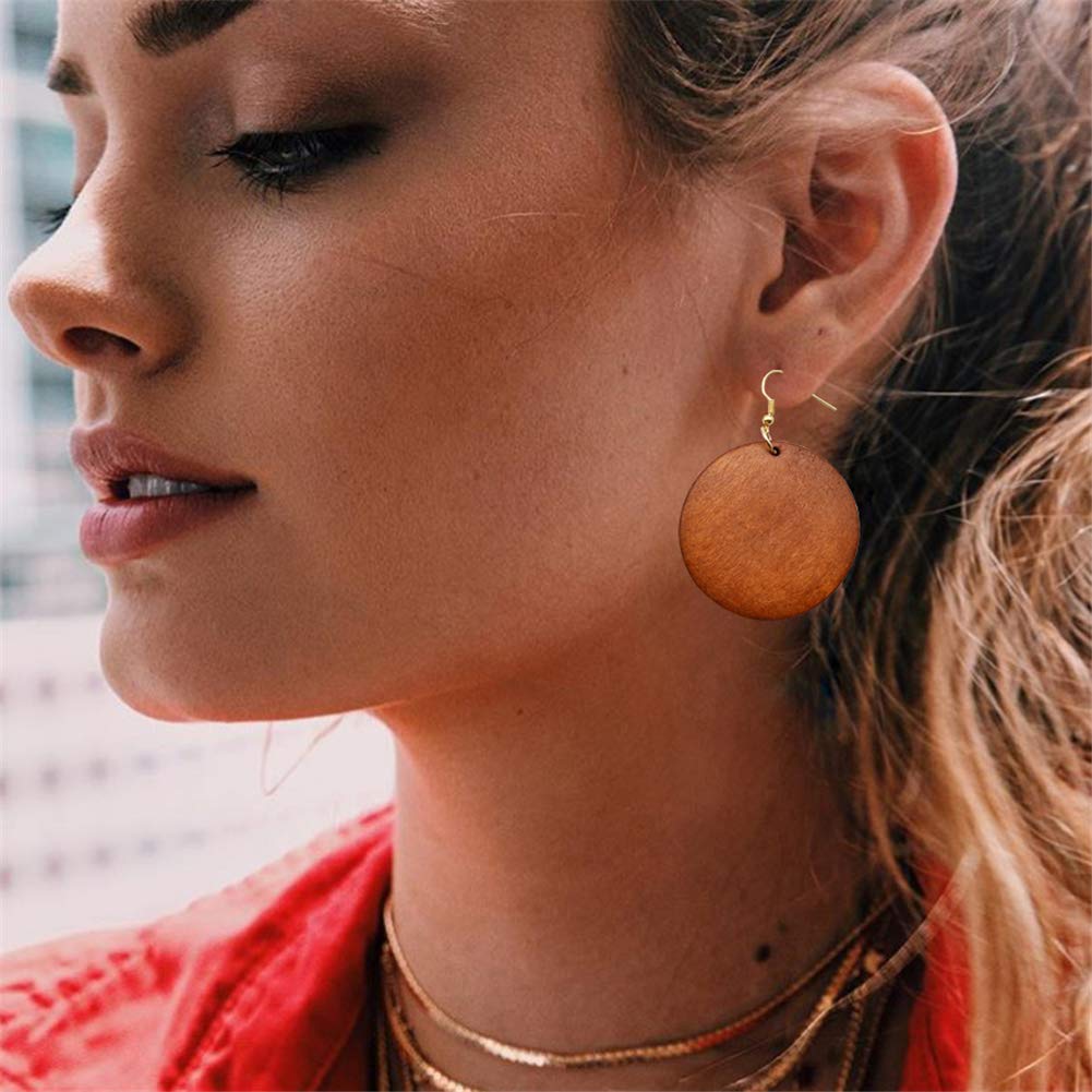 2 Pairs Wooden Earrings for Women - Big Round Circle Geometric Wood Drop Dangle Hook Earrings, Stainless Steel Stud, Boho Chic Ethnic Style - Perfect for Casual Wear, Parties, and Festivals