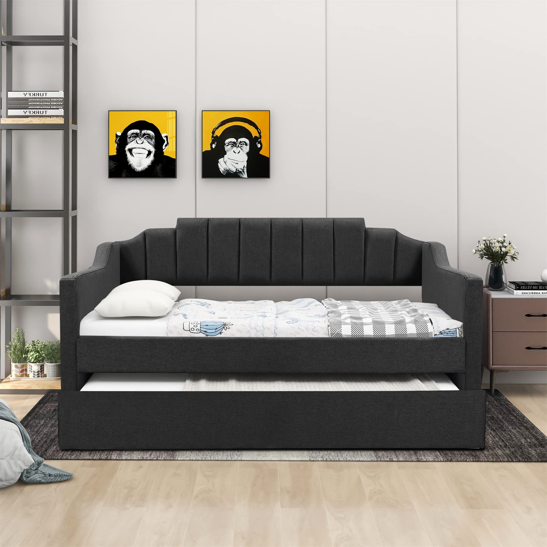 Upholstered Twin Daybed with Trundle - Convertible Sofa Bed Frame for Bedroom & Living Room, No Box Spring Needed (Gray) | Perfect for Guest Rooms, Small Spaces & Multi-Functional Furniture Needs