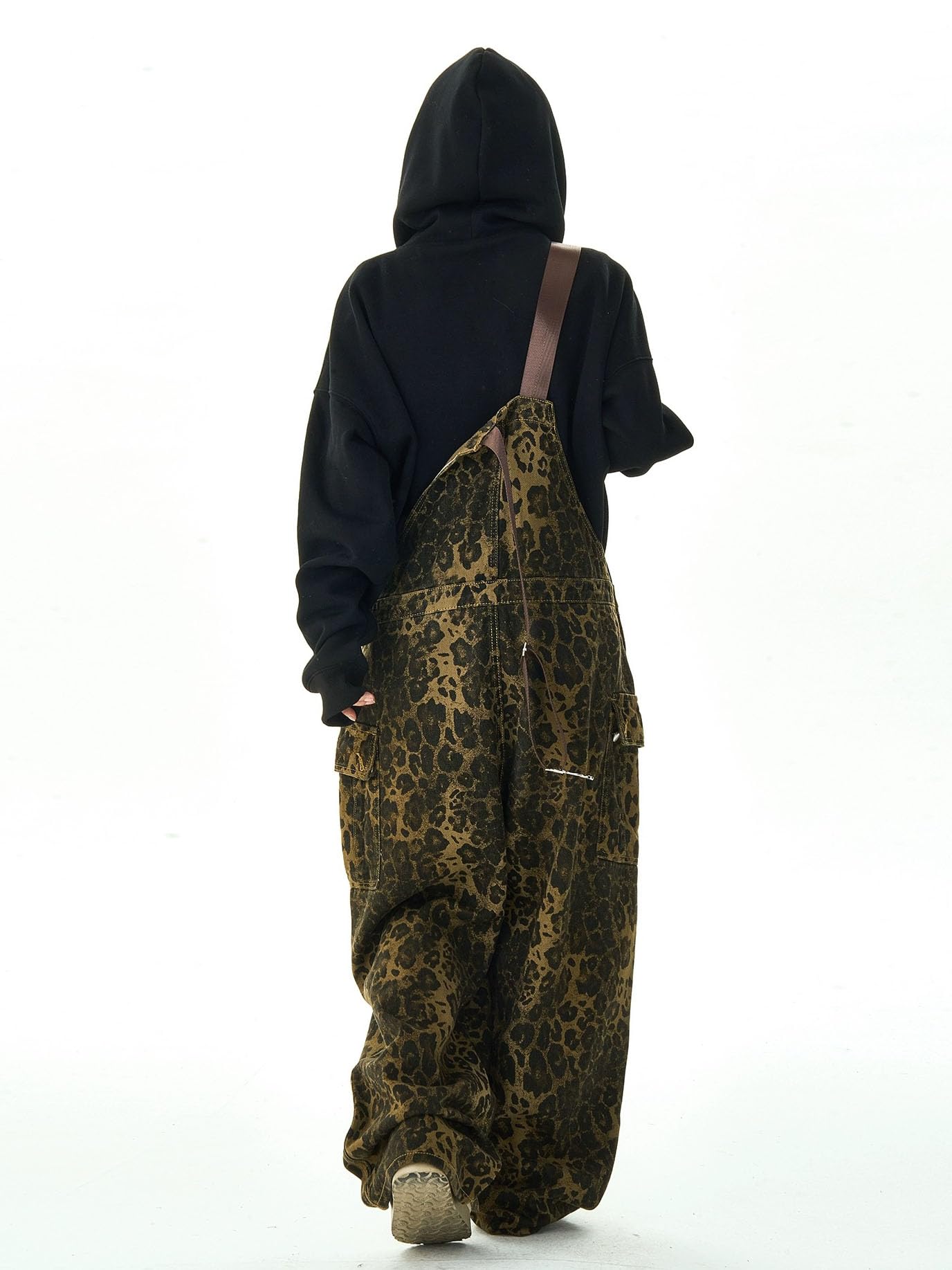 Vintage Leopard Print Denim Overalls for Women - Loose Fit Y2K Baggy Jumpsuit with Pockets | Streetwear Fashion for Casual Outings & Music Festivals