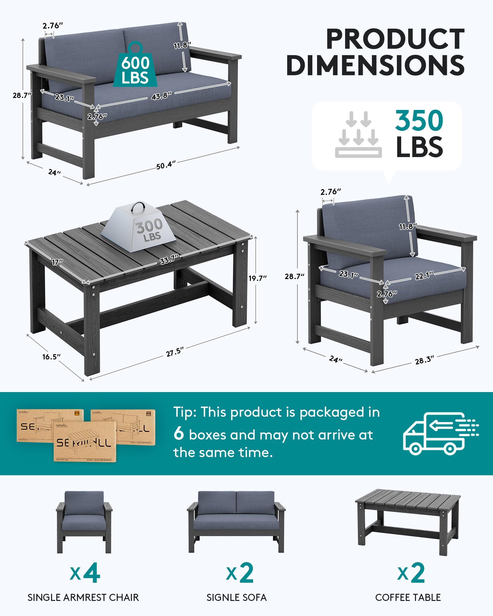 SERWALL 8-Piece HDPE Outdoor Patio Conversation Sofa Set with Weatherproof Cushions - All-Weather Loveseat & Coffee Table Furniture for Backyard, Garden, Poolside (Grey Frame & Grey Cushions) - Perfect for Entertaining, Relaxing & Outdoor Social Gatherings