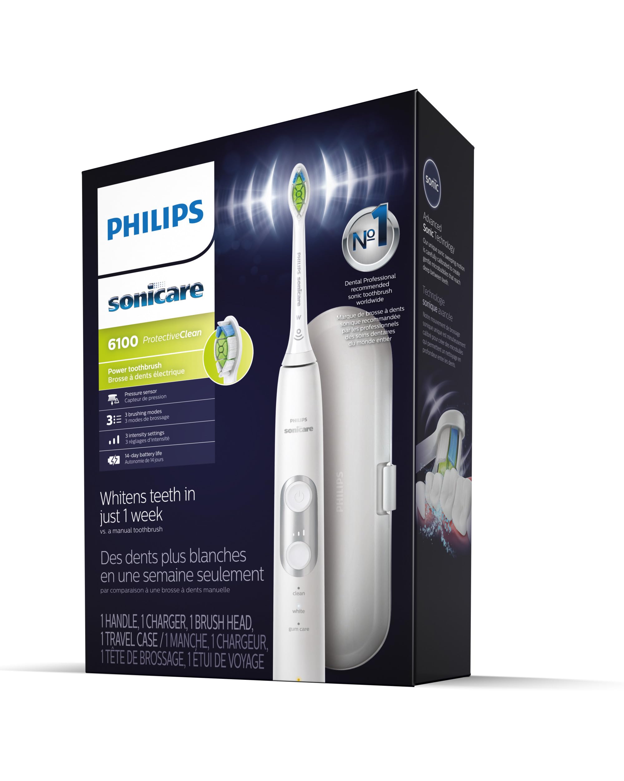 Philips Sonicare ProtectiveClean 6100 Rechargeable Electric Toothbrush - HX6877/21 | Whitening, Gum Care & Plaque Removal | 3 Modes, Pressure Sensor | Perfect for Travel & Daily Oral Hygiene (White)