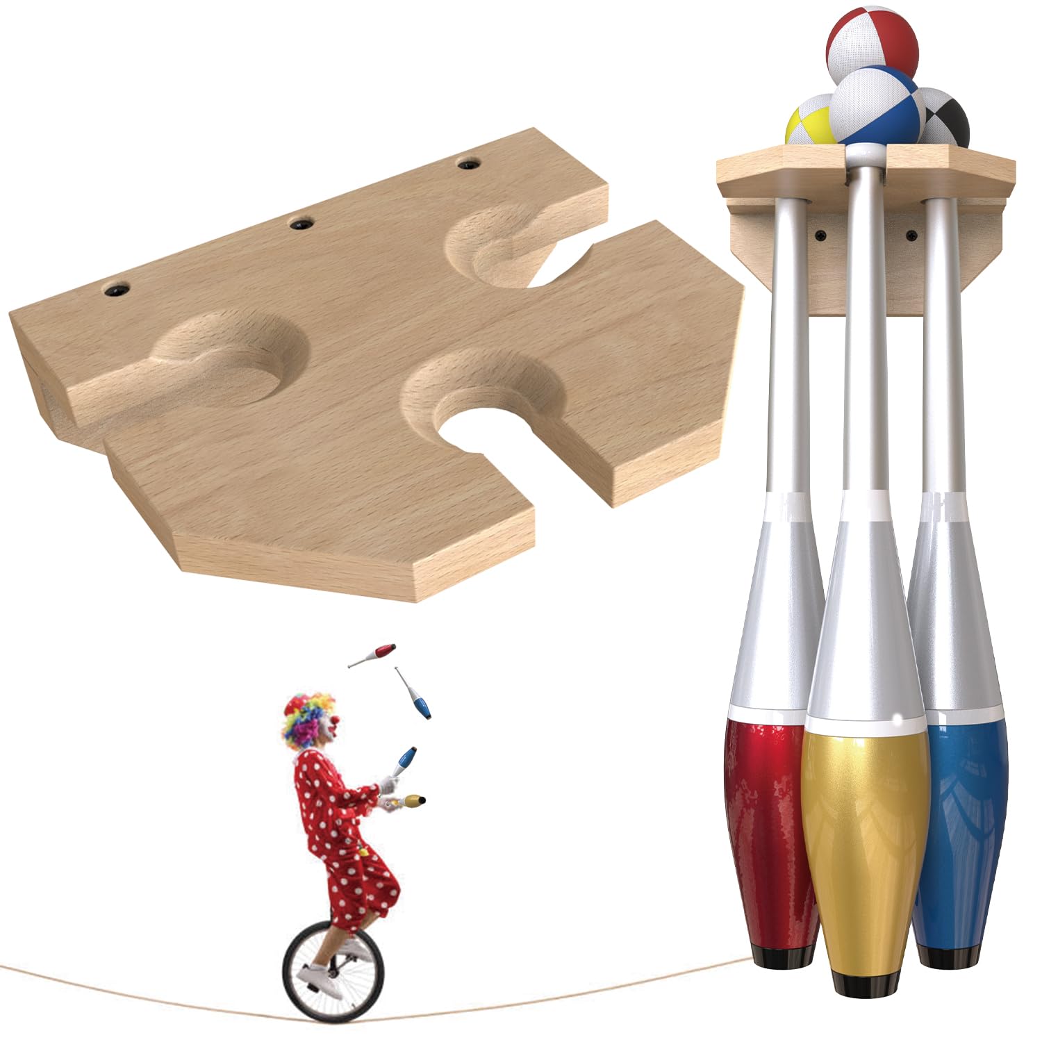 Wall Mounted Wooden Juggling Clubs & Balls Holder - Organizer for 3 Juggling Clubs - Perfect for Circus Performers, Practice Rooms & Home Storage
