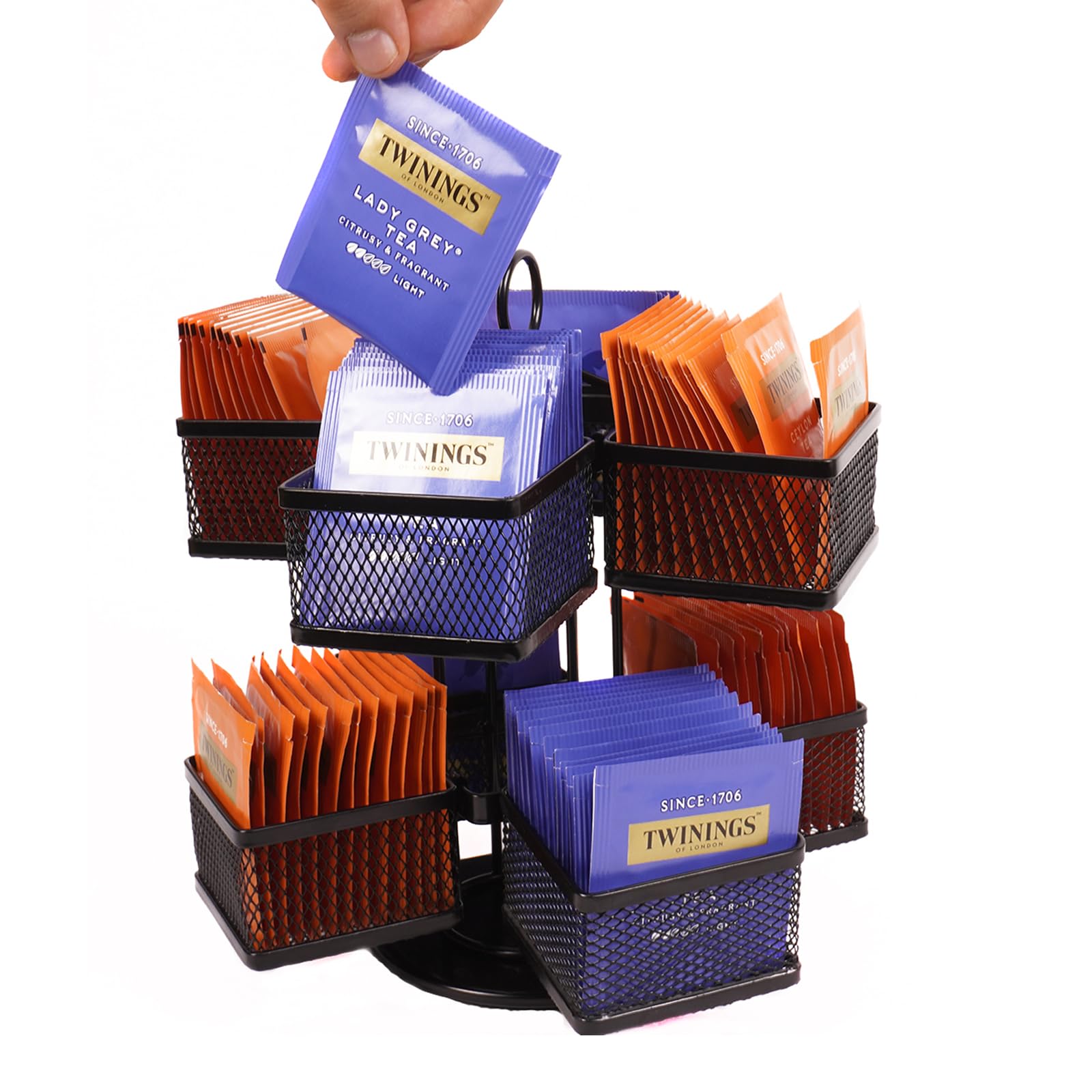 SEVENLINE 2-Tier Spinning Tea Bag Organizer - Holds 112 Teabags, Coffee Pods & Sweeteners | Space-Saving Carousel for Counter, Cabinet & Pantry Storage | Perfect for Tea Lovers & Coffee Stations