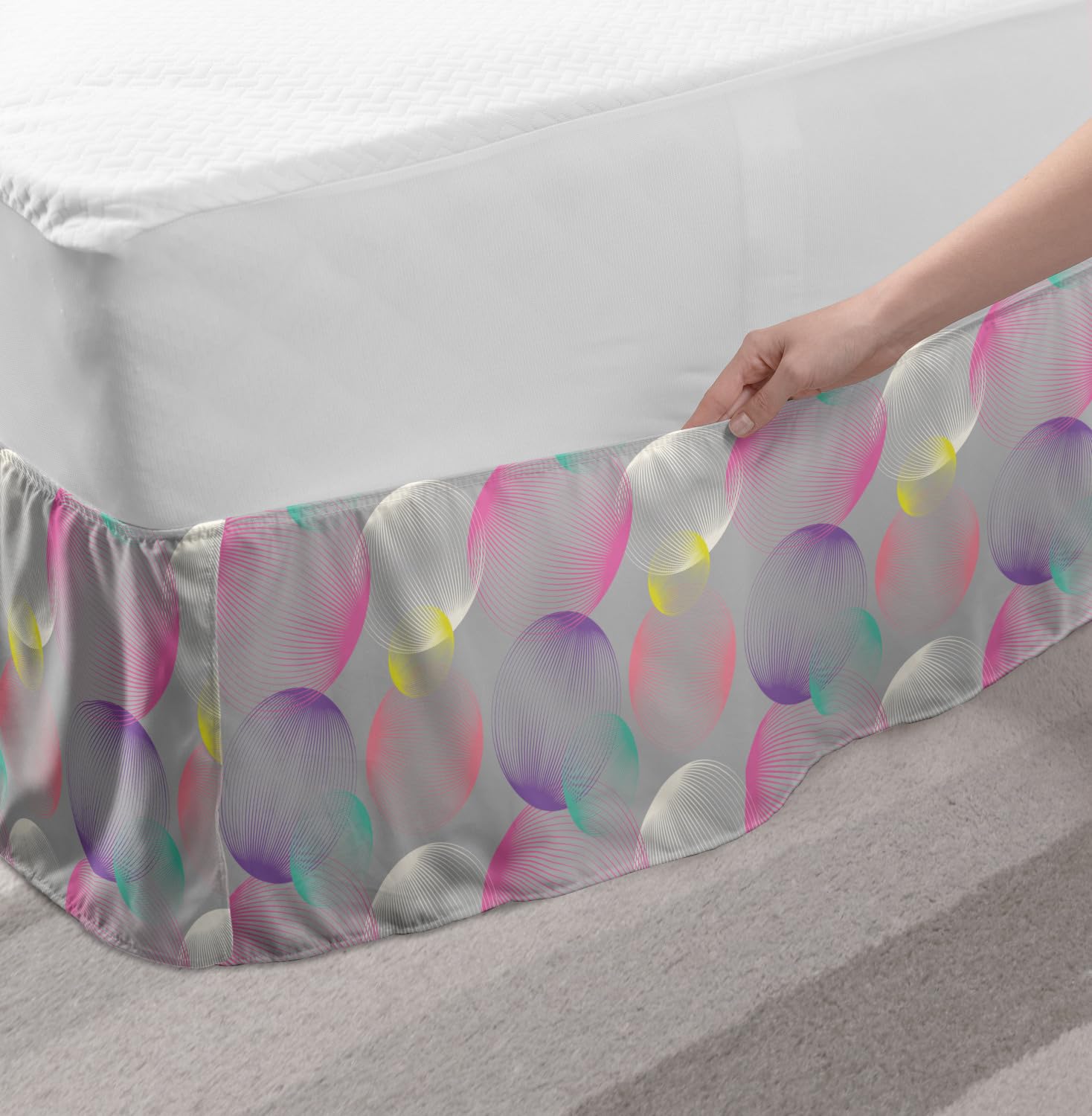 Ambesonne Abstract Elastic Bed Skirt - Modern Striped Circles & Bubbles Design, Wrap Around Fabric Dust Ruffle for Twin/Twin XL Beds, Earth Yellow | Perfect for Bedroom Decor & Guest Room Styling