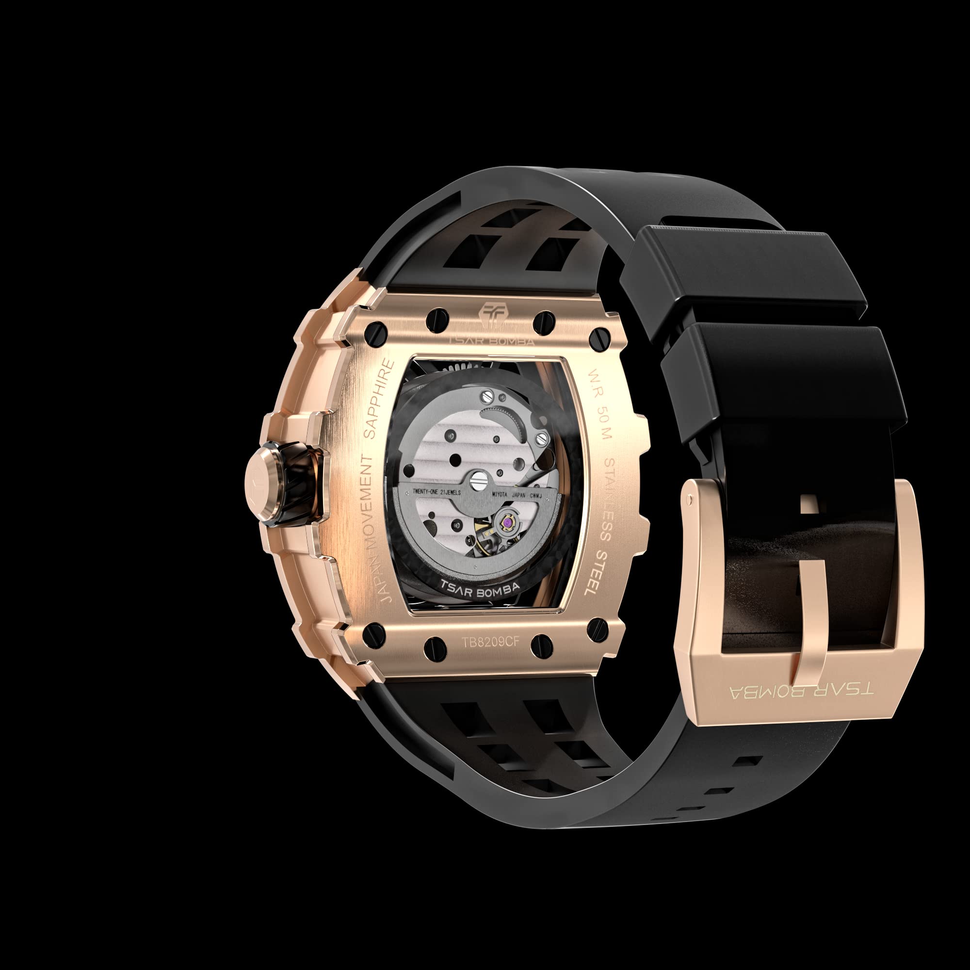 TSAR BOMBA Men's Luxury Automatic Skeleton Watch - Silver Square Big Face with Silicone Strap - 50M Waterproof Analog Watch for Business, Work & Formal Occasions - Unique Cool Gift for Men