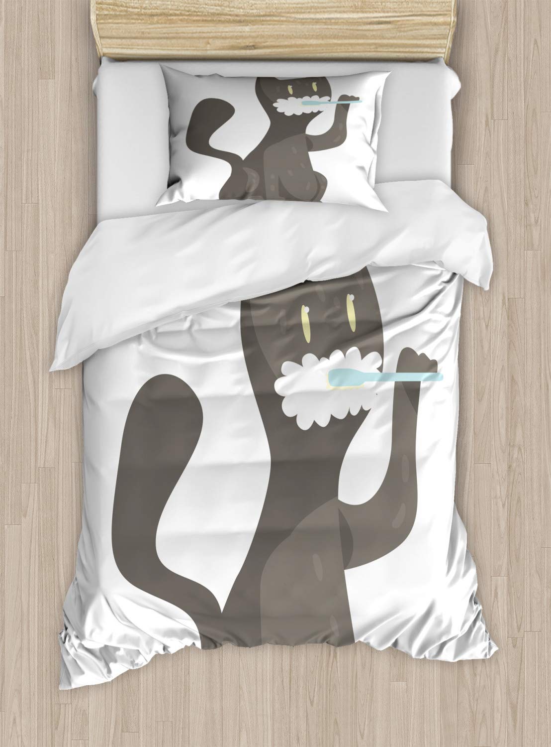 Ambesonne Cat Duvet Cover Set - Pet Grooming & Teeth Brushing Illustration, 3-Piece Animal Theme Bedding with 2 Pillow Shams, Twin Size, Charcoal Grey & Pale Blue - Perfect for Cat Lovers' Bedroom Decor & Gift Ideas