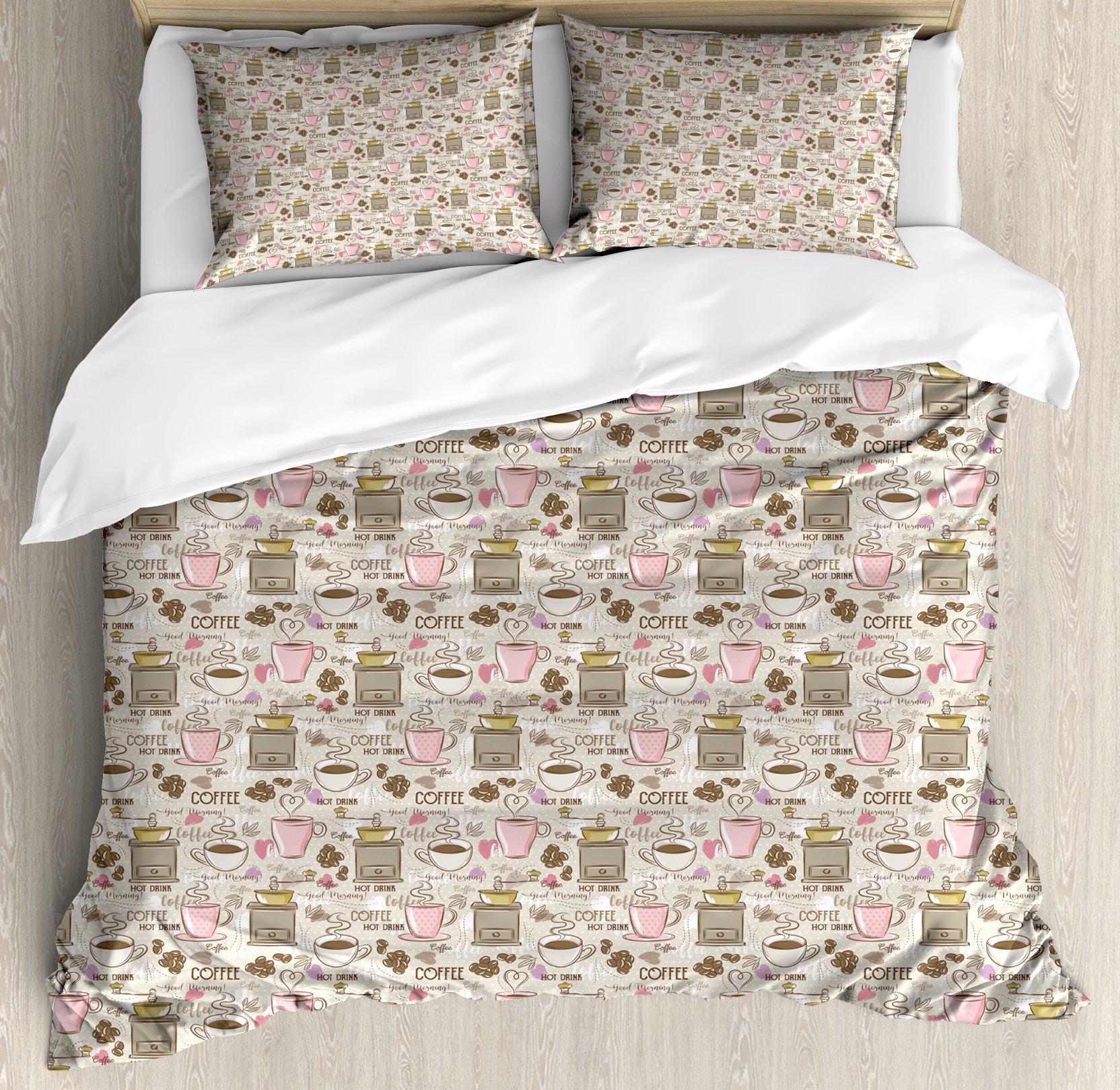 Lunarable Coffee Duvet Cover Set King Size - Colorful Coffee Theme with Grinder, Cups & Beans Design, 3-Piece Bedding Set with 2 Pillow Shams, Taupe Pink - Perfect for Coffee Lovers' Bedroom Decor & Gift Ideas