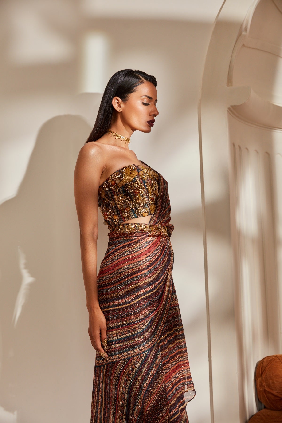 Elegant Stripe Print Ruffle Saree with Tube Top & Belt - Baroque Handwork for Women's Party Wear & Special Occasions