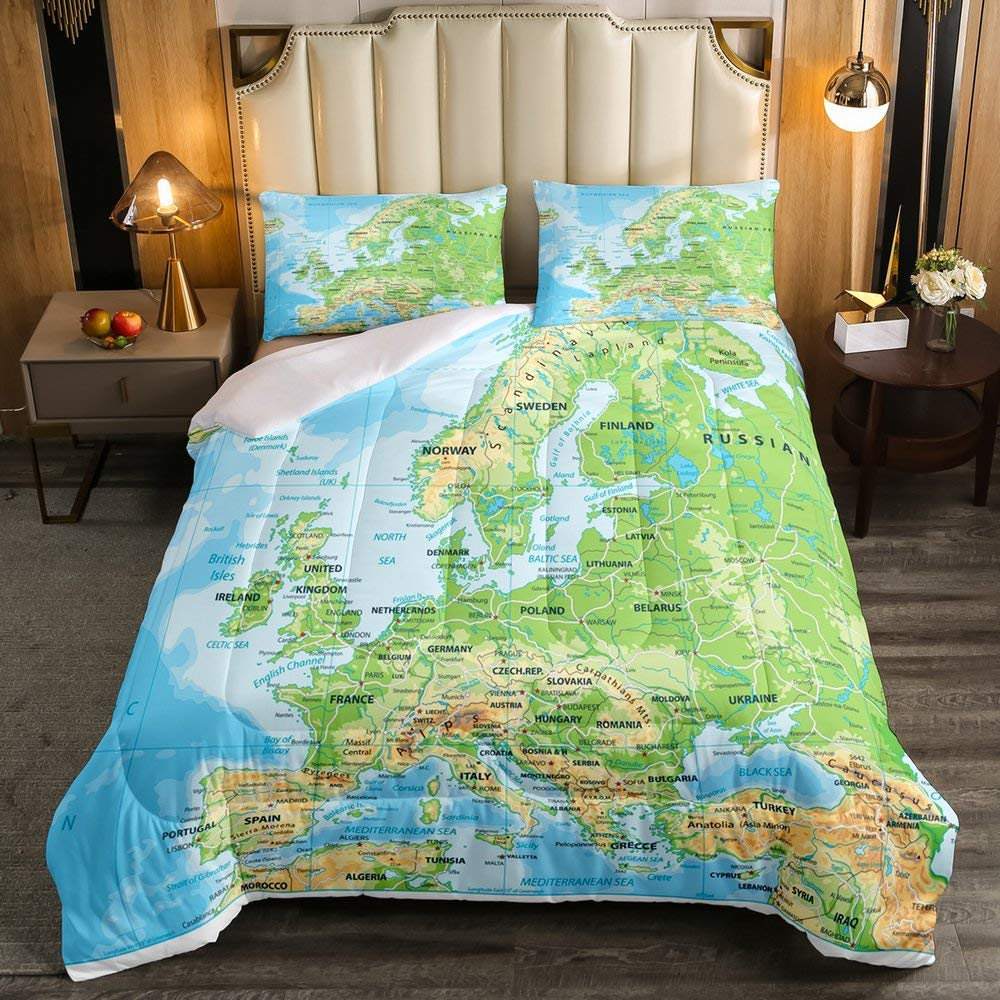 Erosebridal World Map Comforter Set Twin Size - Blue Ocean Themed Kids Bedding for Boys & Girls, Country Map Design Quilted Duvet Cover with Abstract Art Pattern, Breathable Bedroom Decor for Dorm, Nursery or Travel Enthusiasts