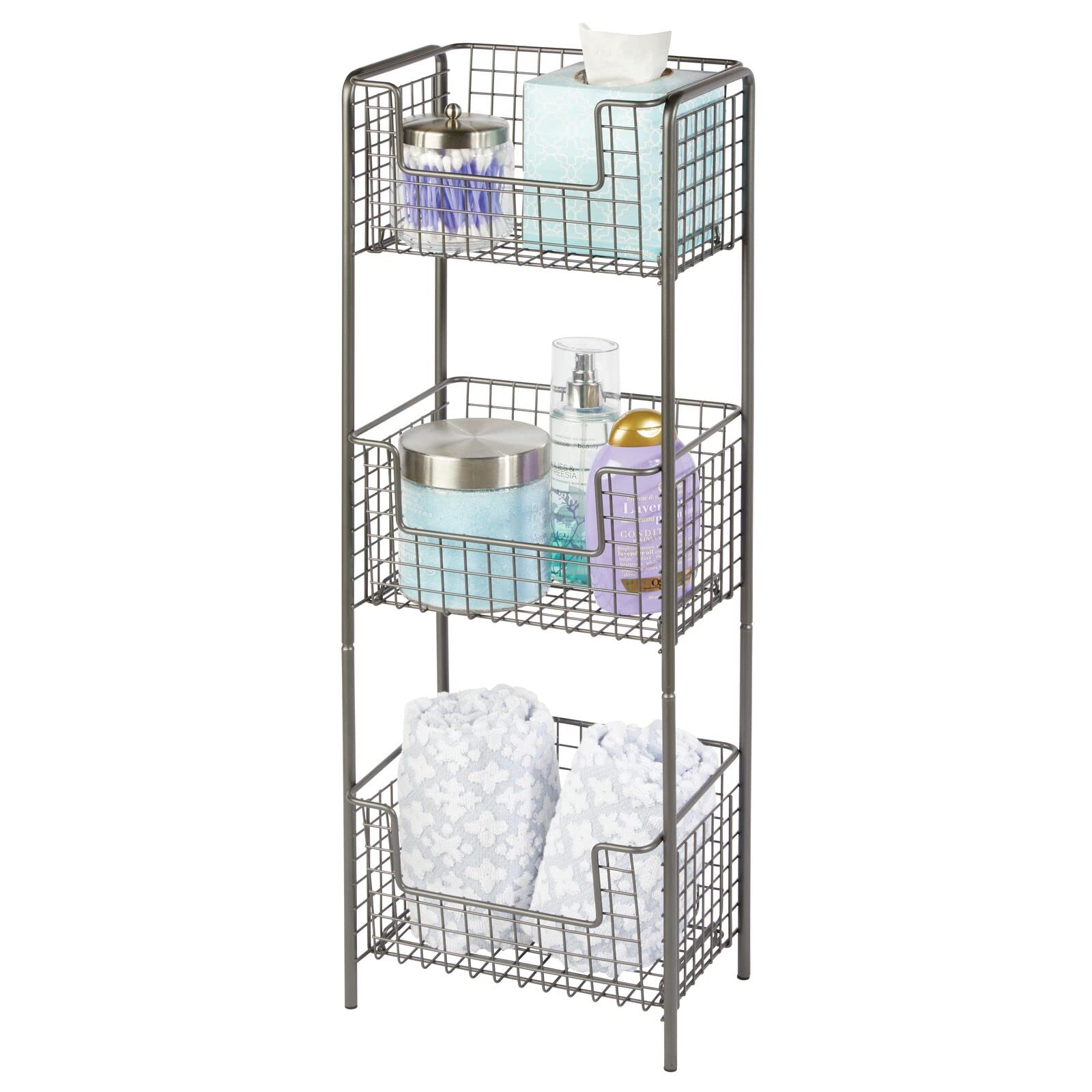 mDesign 3-Tier Steel Freestanding Bathroom Storage Organizer Tower - Metal Shelf Rack for Towels, Soap & Toiletries - Graphite Gray Concerto Collection - Perfect for Master Bath, Guest Bath & Powder Room Organization